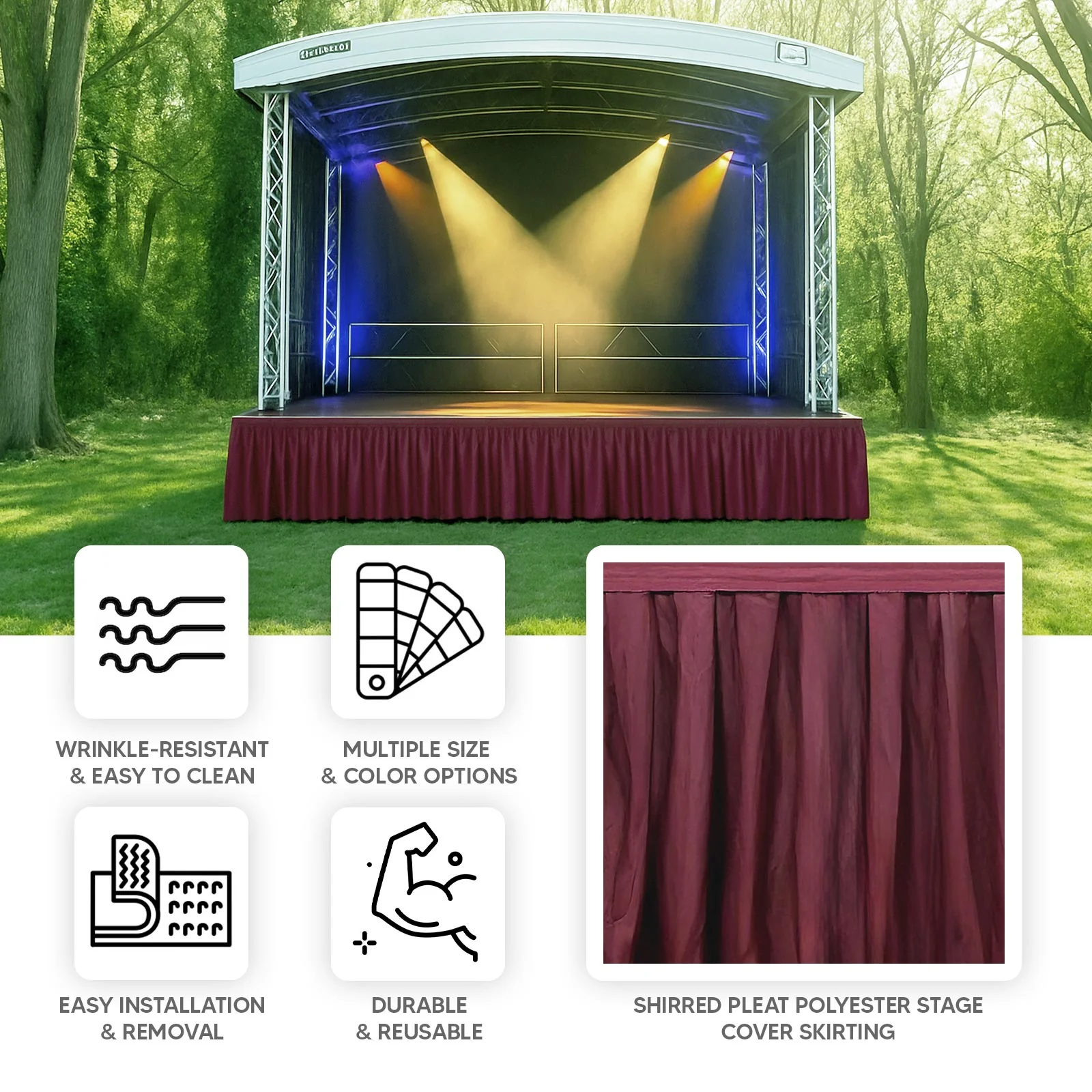 Portable Stage Skirting Polyester Shirred Pleat Stage Cover for Wedding Platform Burgundy - 48"x20ft - Image 4