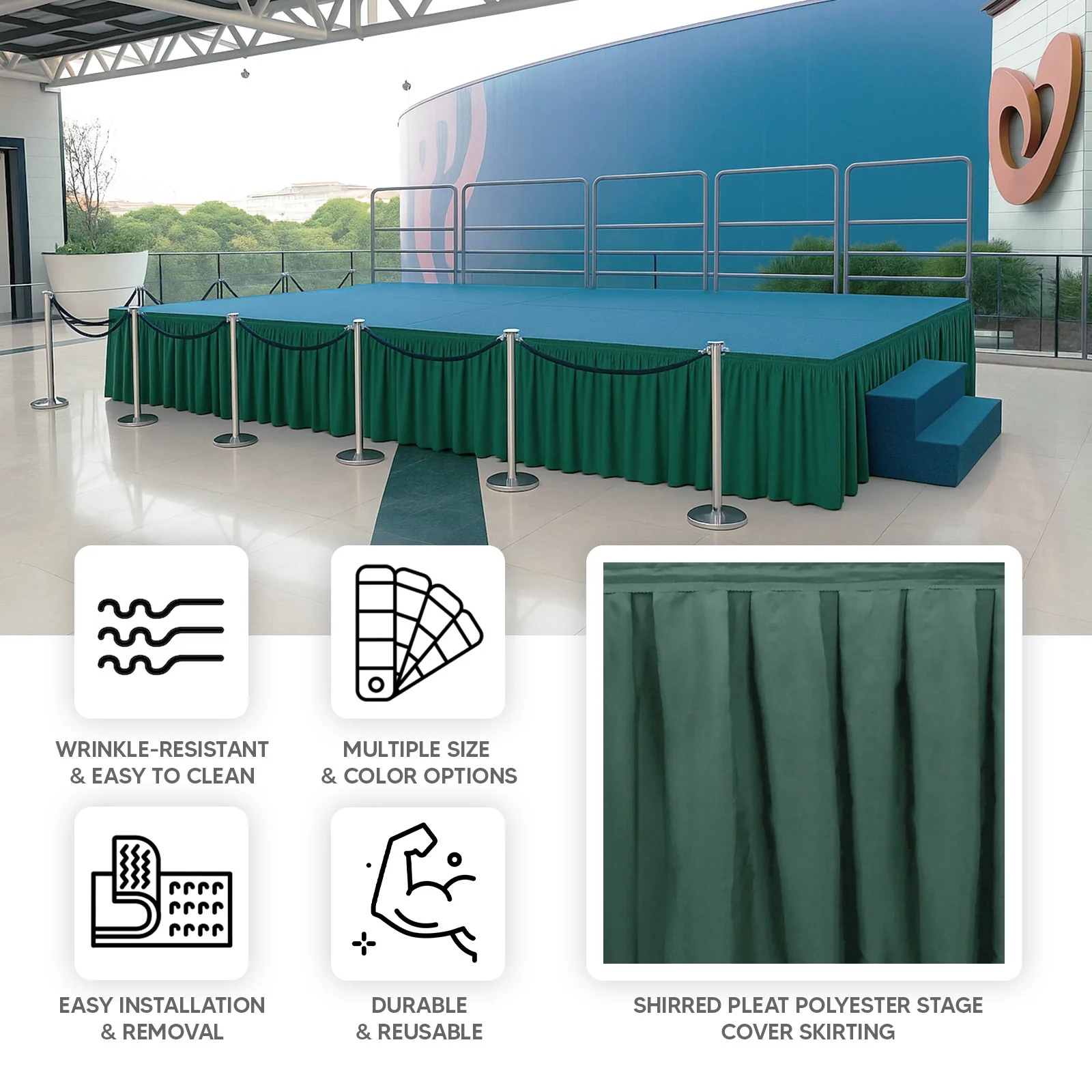 Portable Stage Skirting Polyester Shirred Pleat Stage Cover for Wedding Platform Hunter Emerald Green - 16"x10ft - Image 4