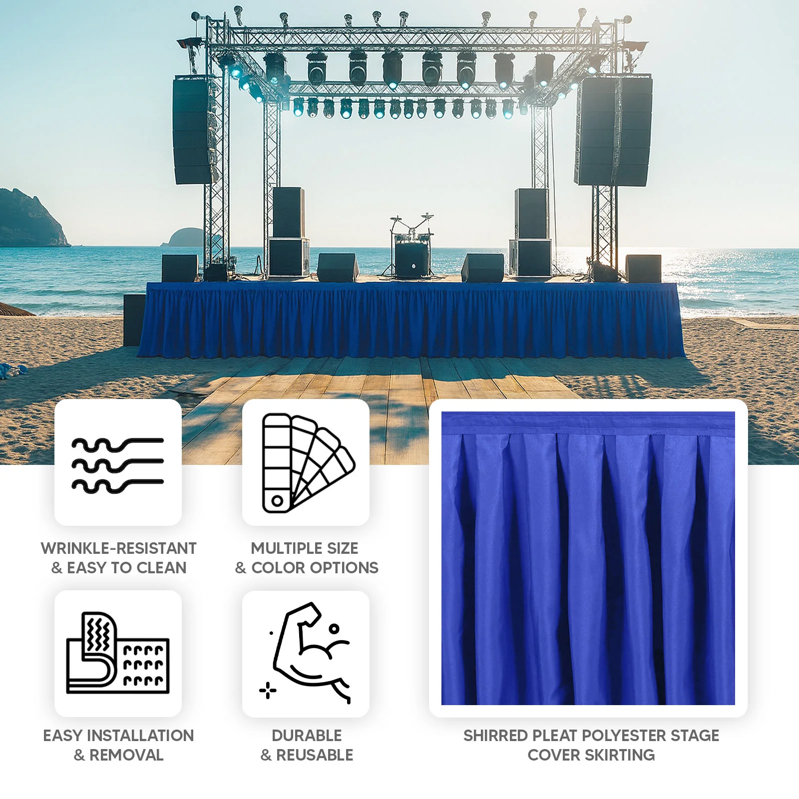 Portable Stage Skirting Polyester Shirred Pleat Stage Cover for Wedding Platform Royal Blue - 16"x10ft - Image 4