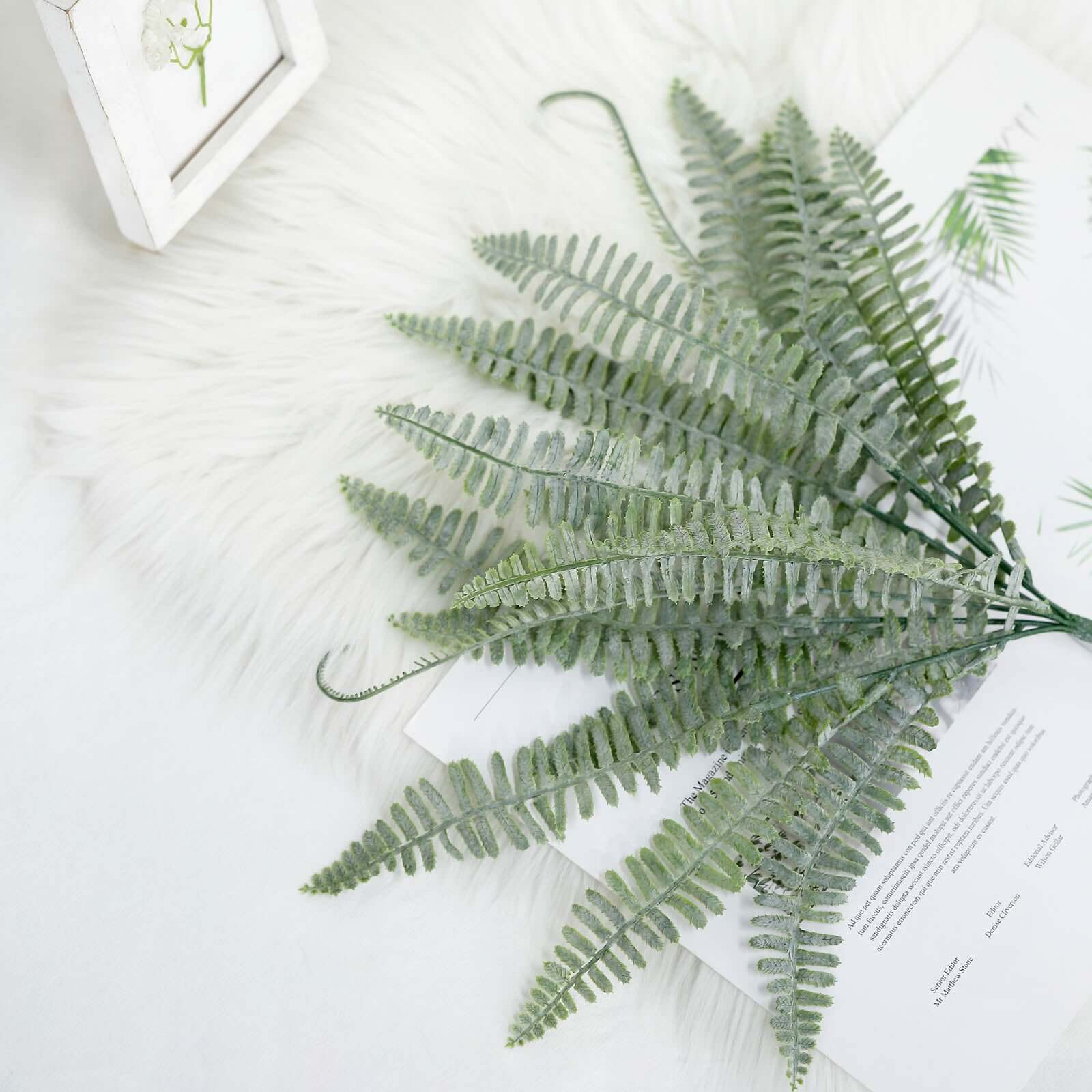 2 Stems Frosted Green Artificial Boston Fern Leaf Plant Indoor Spray - Image 9