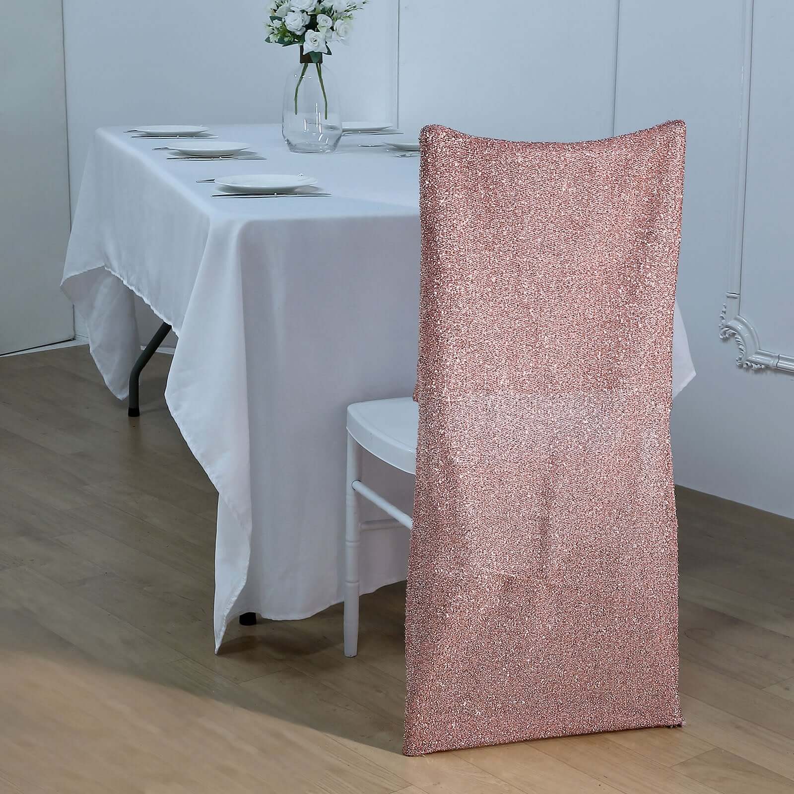 Stretch Spandex Chair Back Slipcover with Metallic Shimmer Tinsel Rose Gold - Wrinkle-Resistant Chiavari Chair Back Cover - Image 12