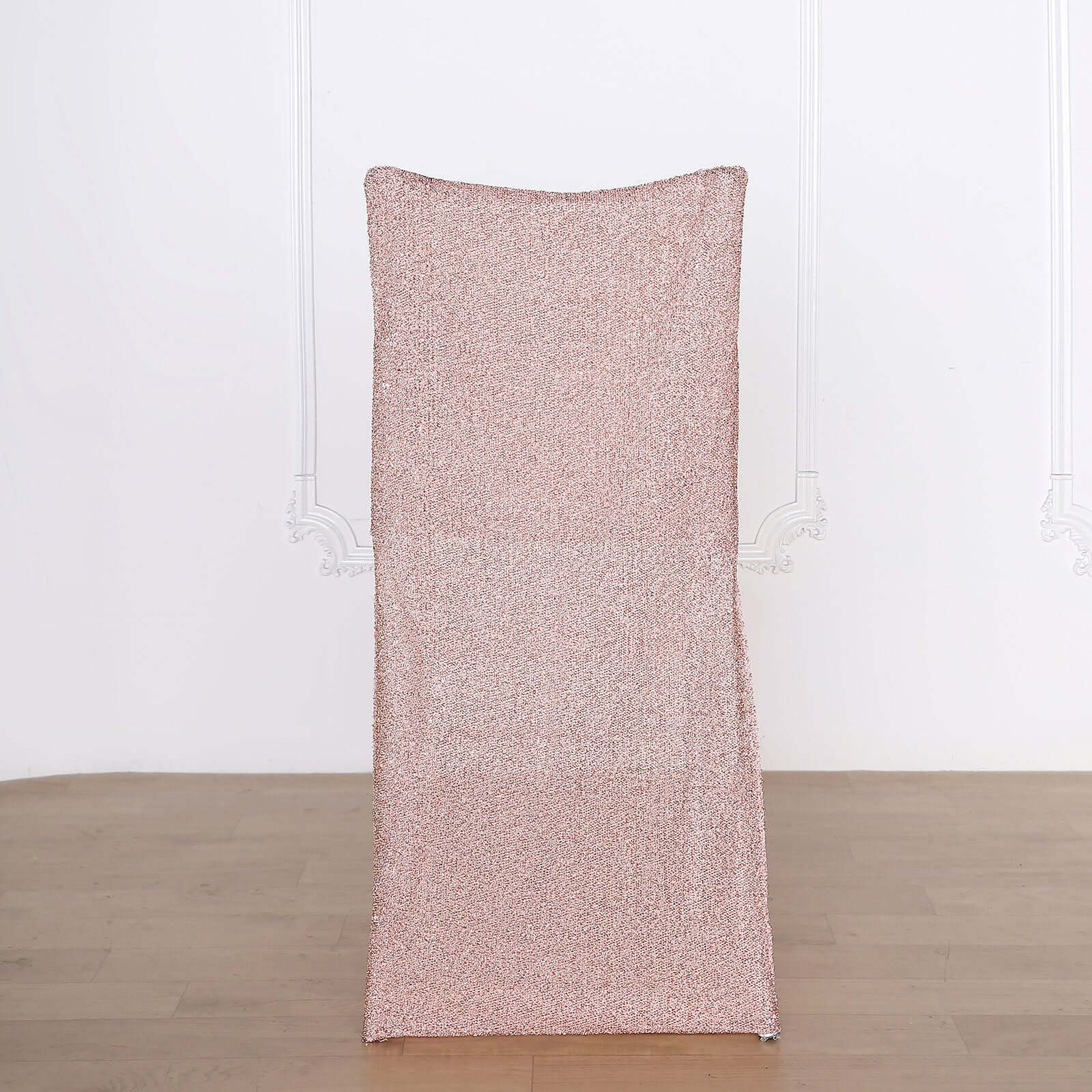 Stretch Spandex Chair Back Slipcover with Metallic Shimmer Tinsel Rose Gold - Wrinkle-Resistant Chiavari Chair Back Cover - Image 2
