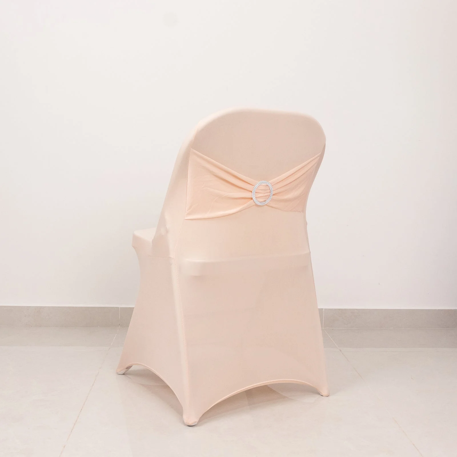Stretch Spandex Folding Chair Cover Blush - Wrinkle Resistant Fitted Slipcover with Silver Rhinestone Buckled Sash Band Accent