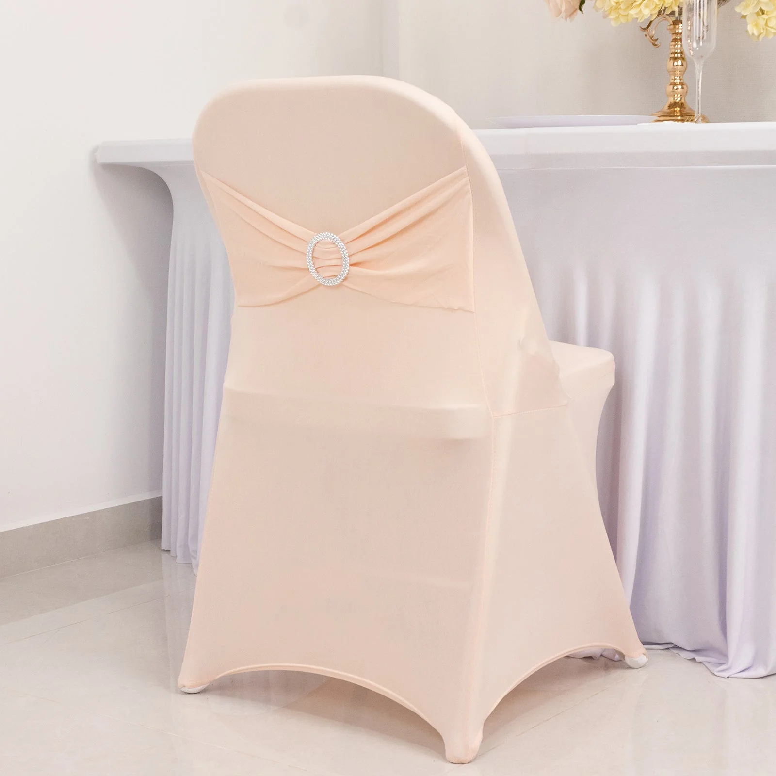 Stretch Spandex Folding Chair Cover Blush - Wrinkle Resistant Fitted Slipcover with Silver Rhinestone Buckled Sash Band Accent - Image 2