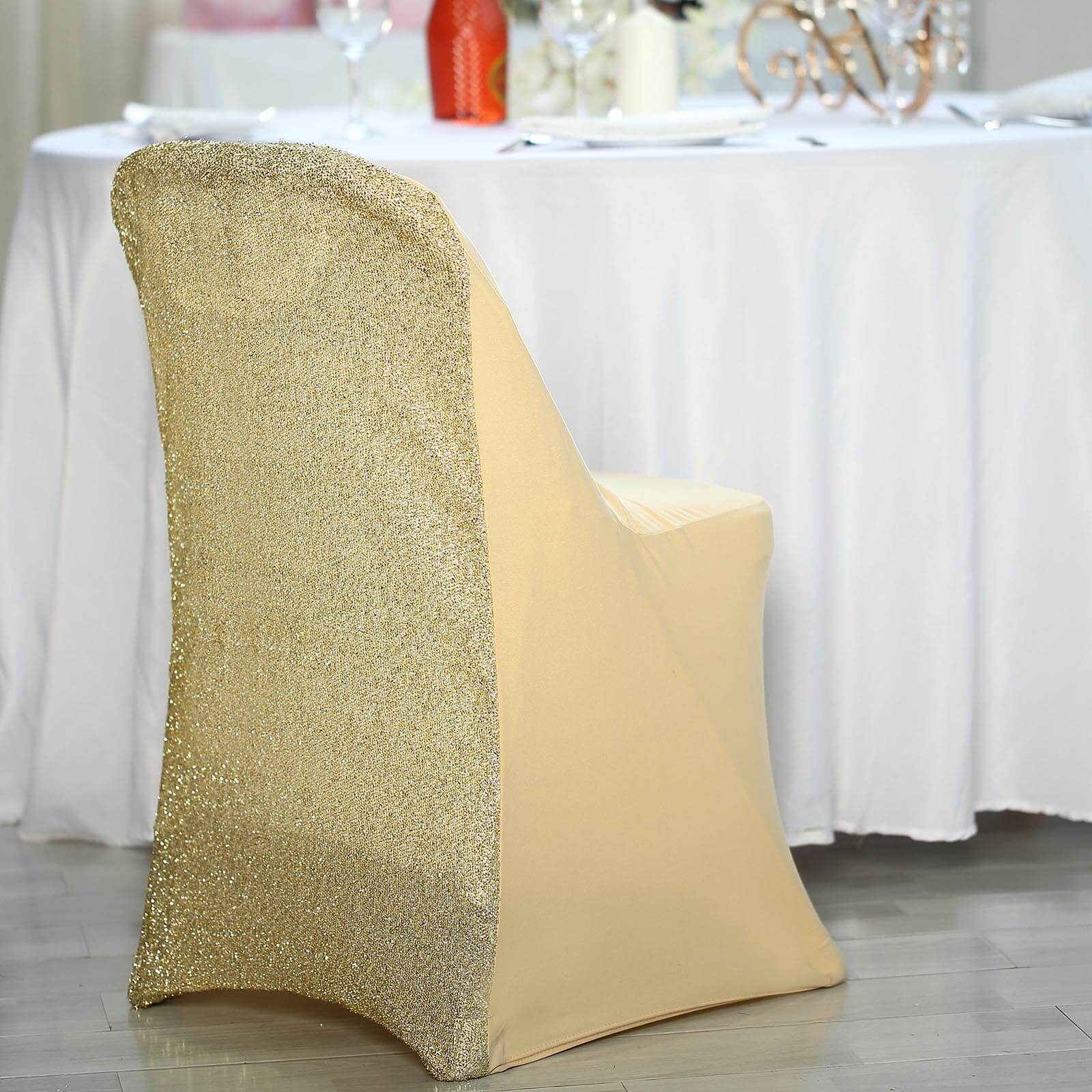 Stretch Spandex Folding Chair Cover Champagne with Metallic Shimmer Tinsel Back Design - Durable Fitted Slipcover with Foot Pockets