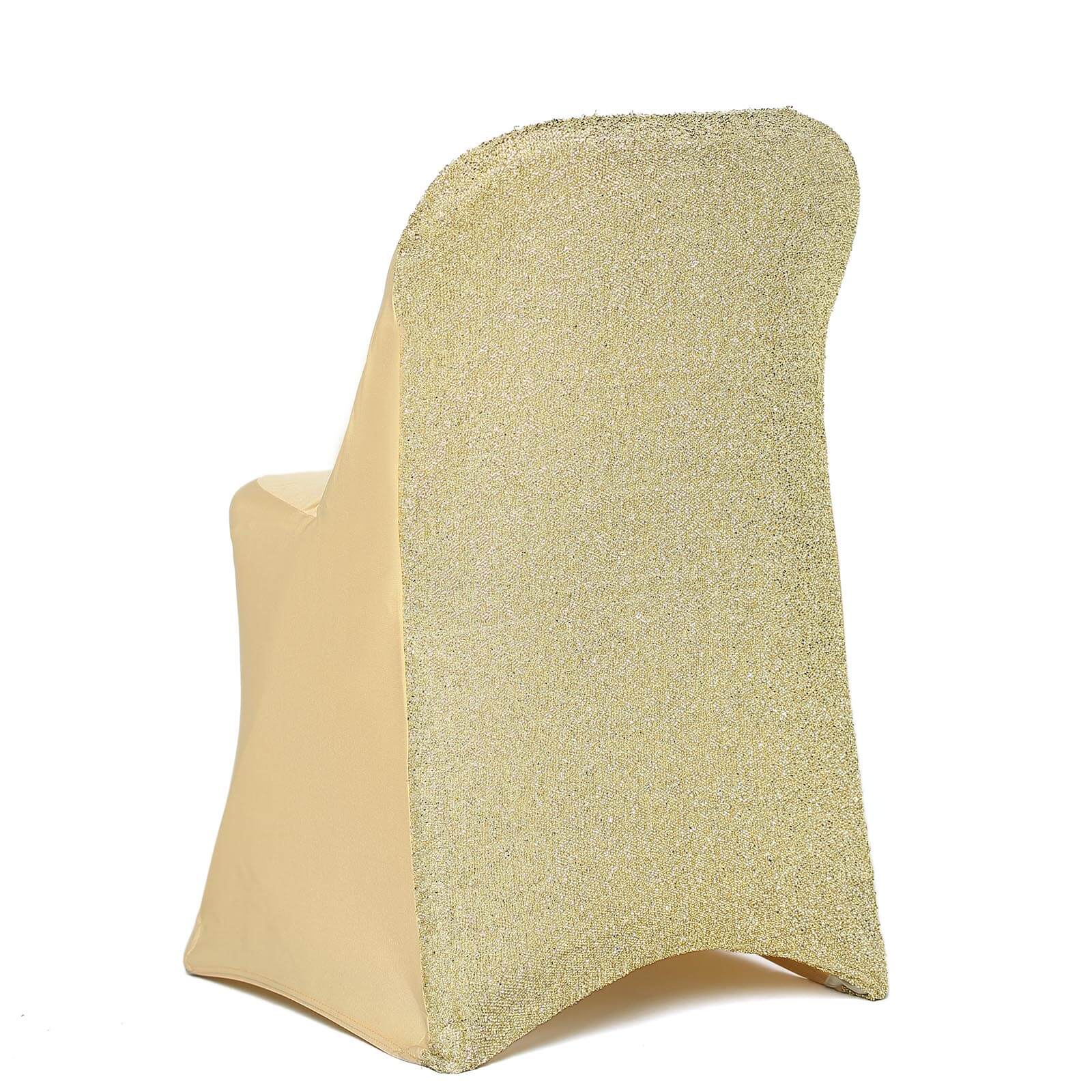 Stretch Spandex Folding Chair Cover Champagne with Metallic Shimmer Tinsel Back Design - Durable Fitted Slipcover with Foot Pockets - Image 6