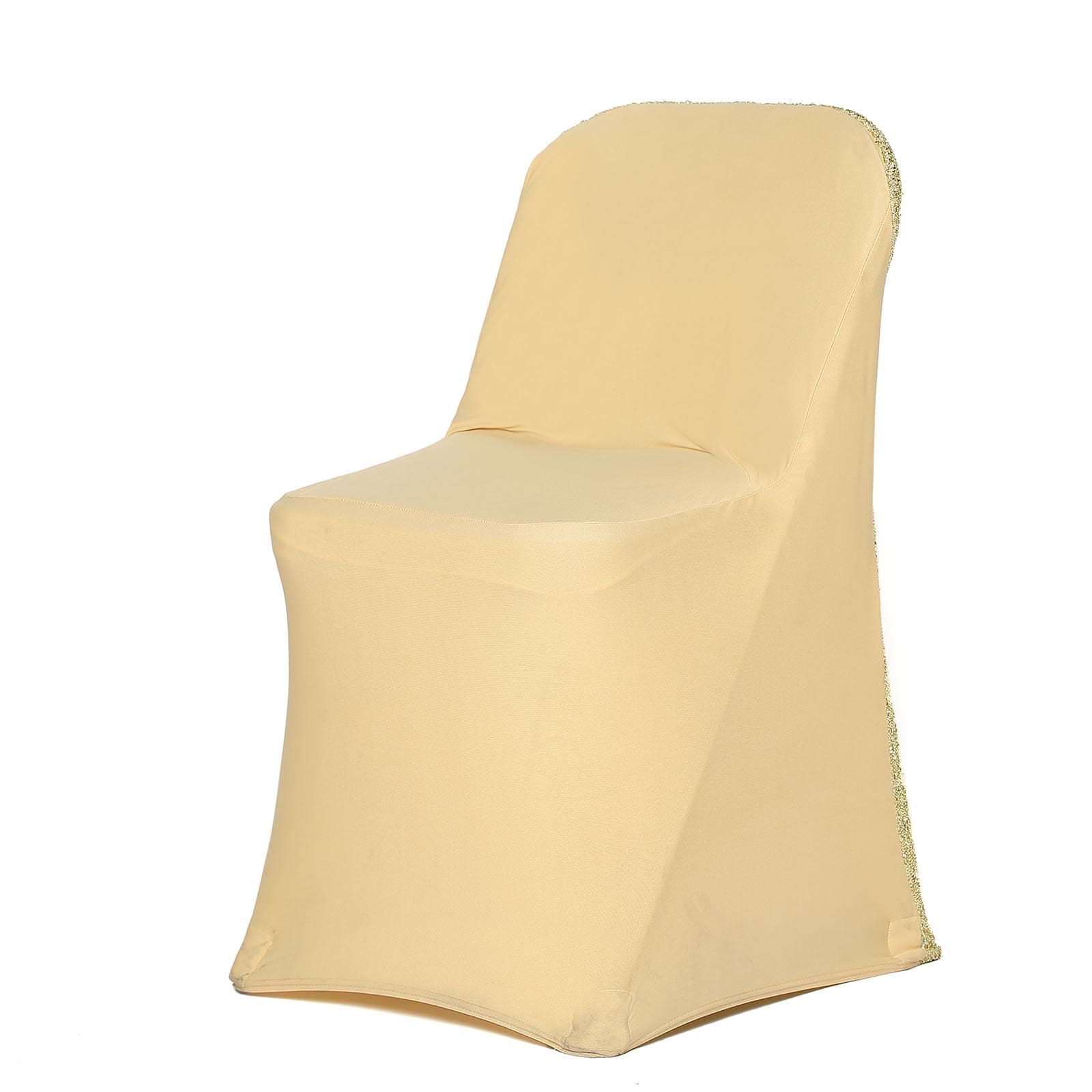 Stretch Spandex Folding Chair Cover Champagne with Metallic Shimmer Tinsel Back Design - Durable Fitted Slipcover with Foot Pockets - Image 8