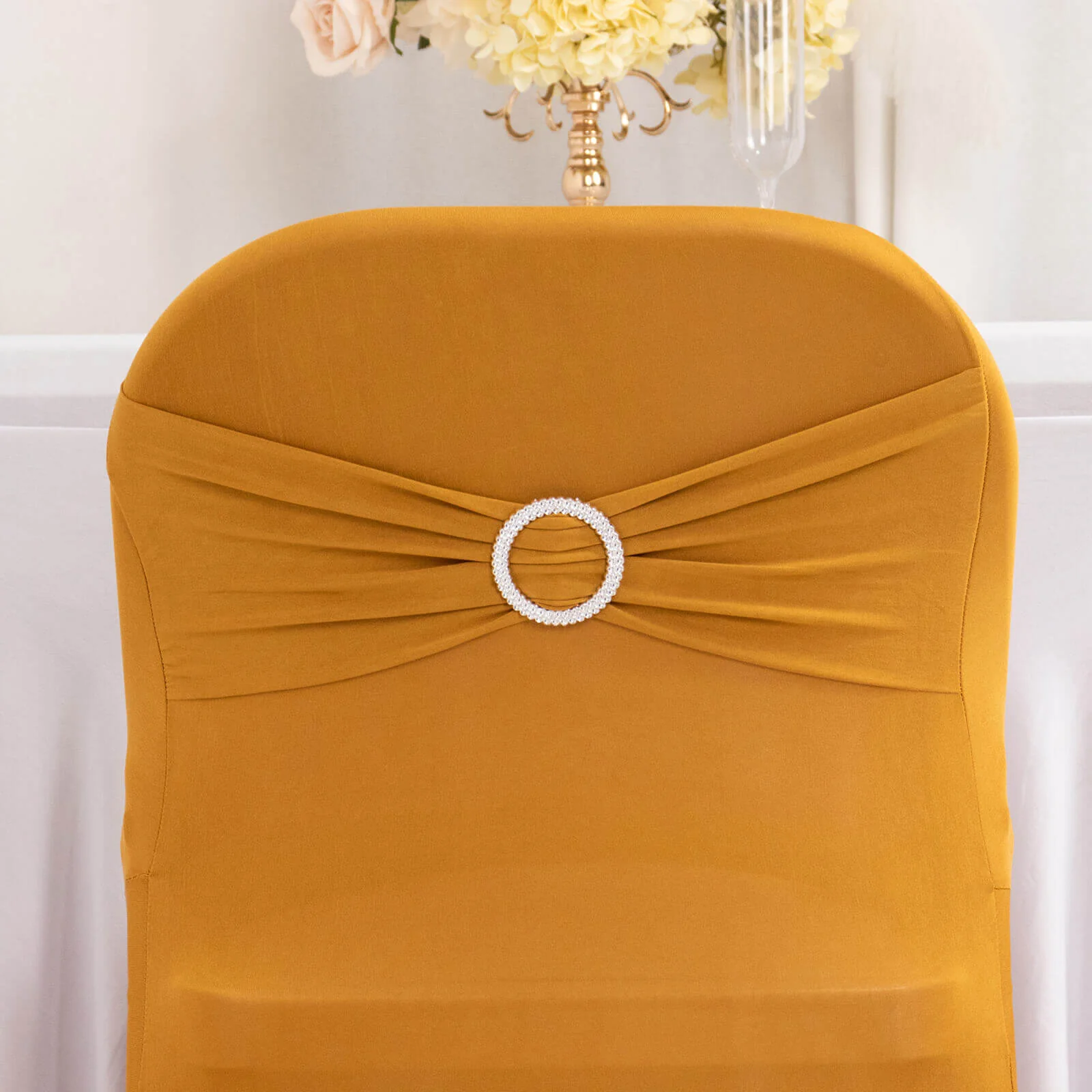 Stretch Spandex Folding Chair Cover Gold - Stylish & Wrinkle Resistant Fitted Slipcover with Silver Rhinestone Buckled Sash Band Accent - Image 2