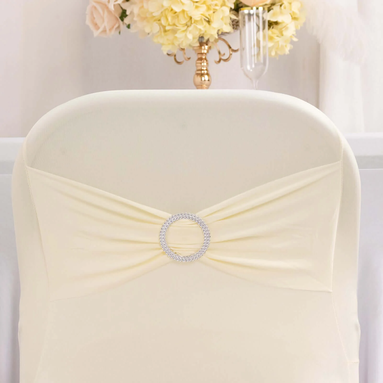 Stretch Spandex Folding Chair Cover Ivory - Wrinkle Resistant Fitted Slipcover with Silver Rhinestone Buckled Sash Band Accent - Image 2