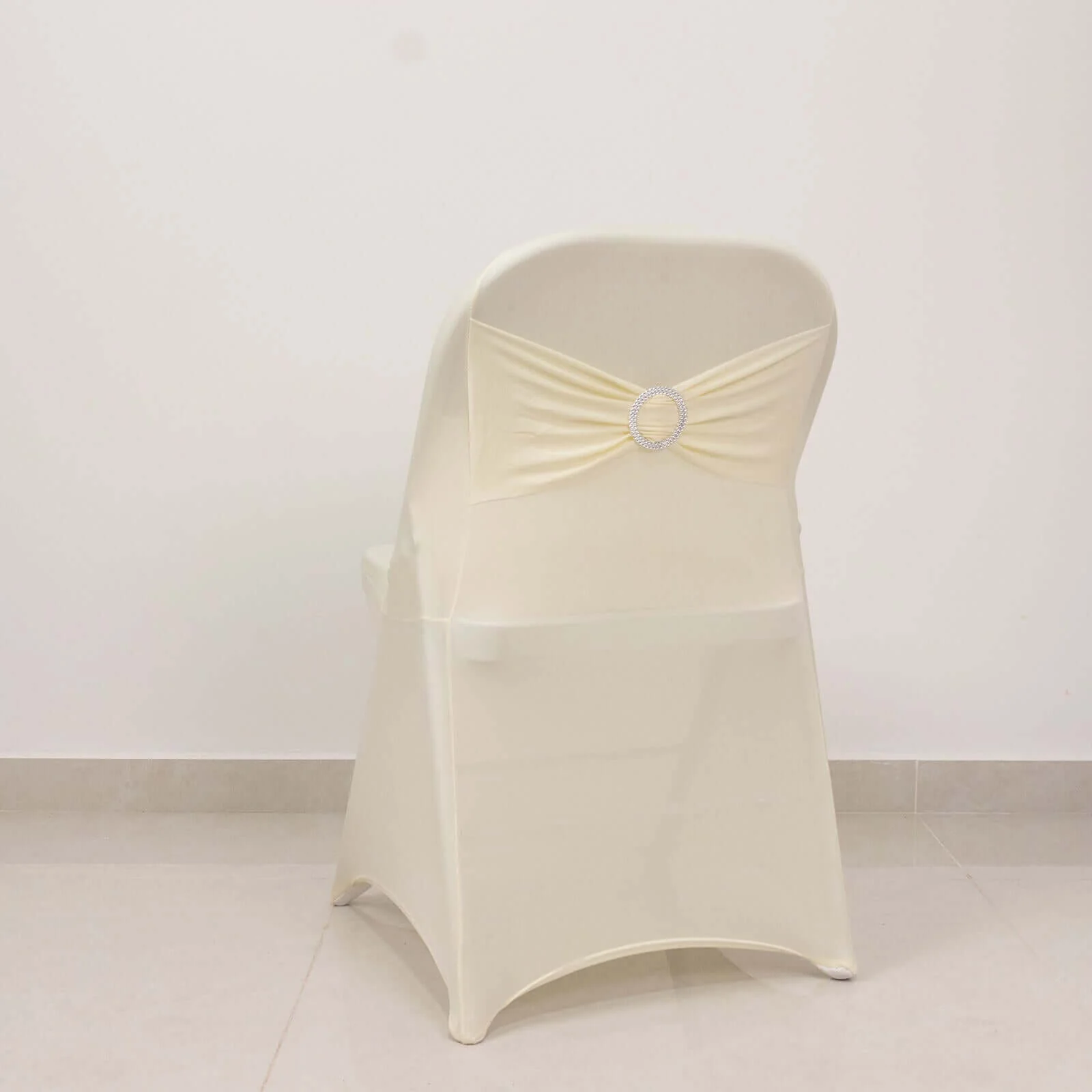 Stretch Spandex Folding Chair Cover Ivory - Wrinkle Resistant Fitted Slipcover with Silver Rhinestone Buckled Sash Band Accent - Image 3