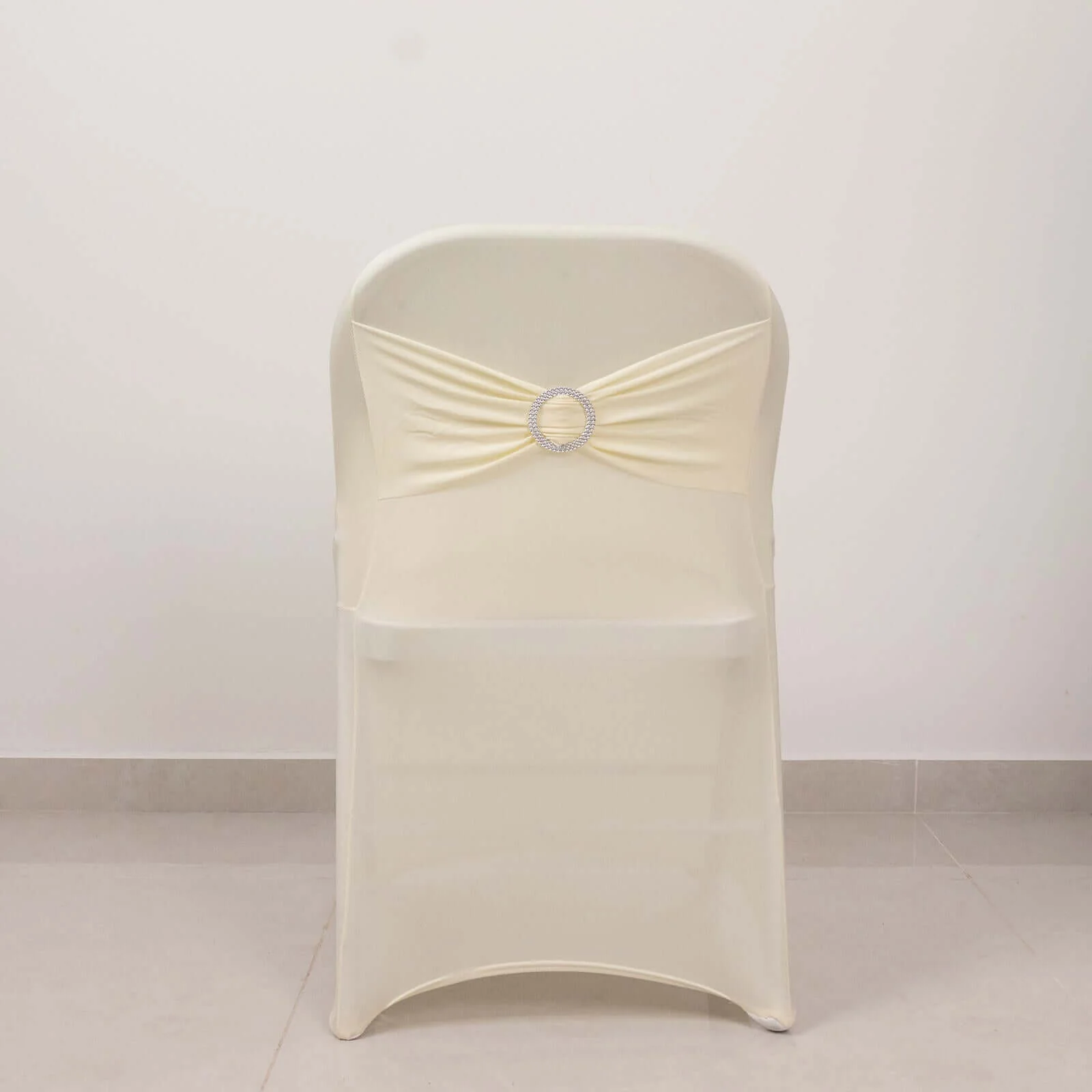 Stretch Spandex Folding Chair Cover Ivory - Wrinkle Resistant Fitted Slipcover with Silver Rhinestone Buckled Sash Band Accent - Image 8