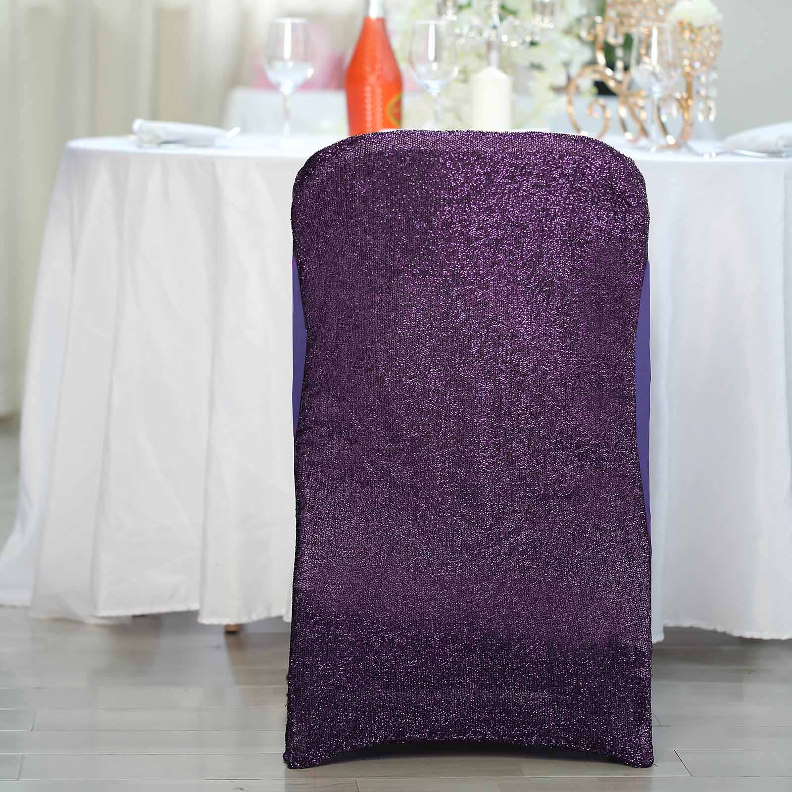 Stretch Spandex Folding Chair Cover Purple with Metallic Shimmer Tinsel Back Design - Durable Fitted Slipcover with Foot Pockets - Image 6