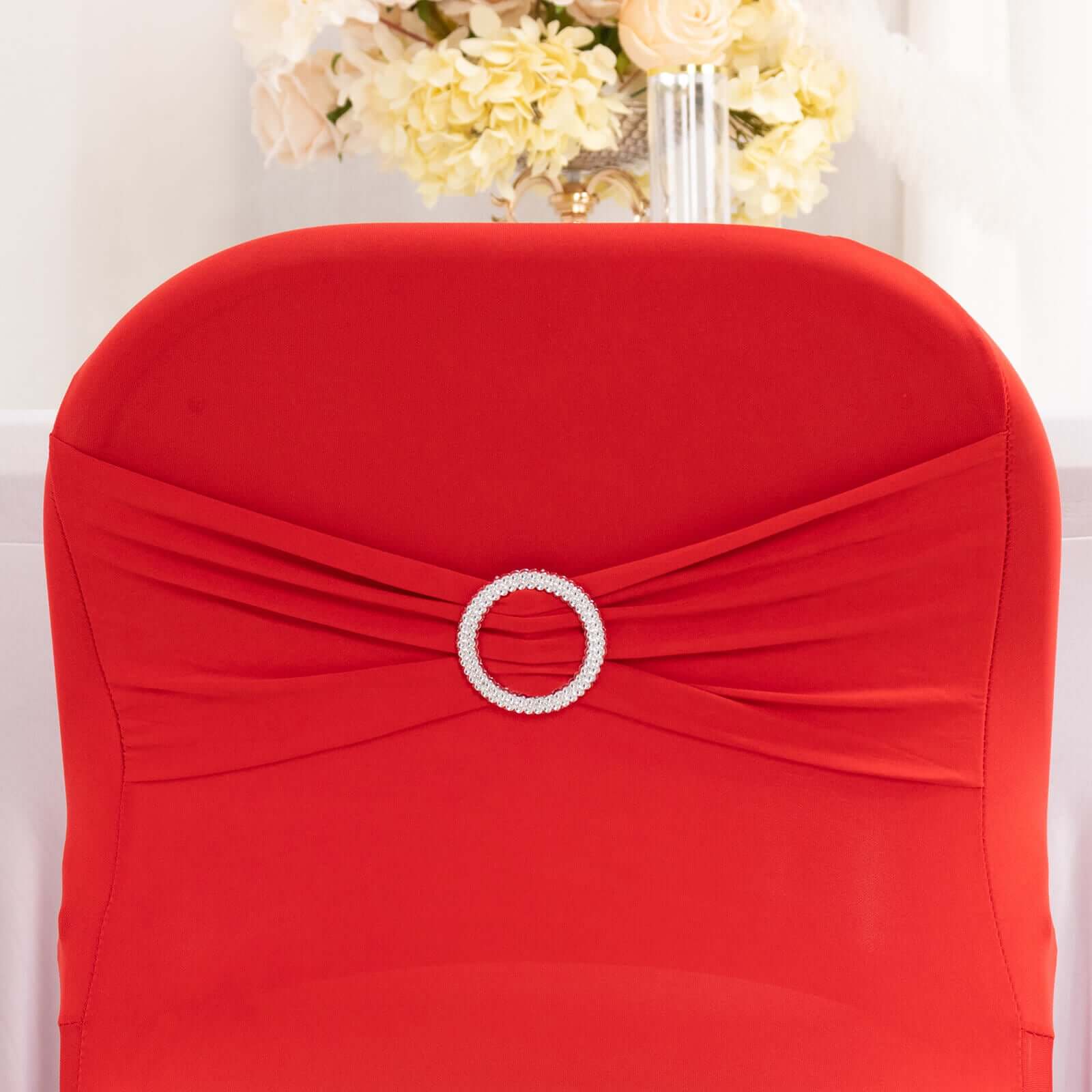 Stretch Spandex Folding Chair Cover Red - Wrinkle Resistant Fitted Slipcover with Silver Rhinestone Buckled Sash Band Accent - Image 2