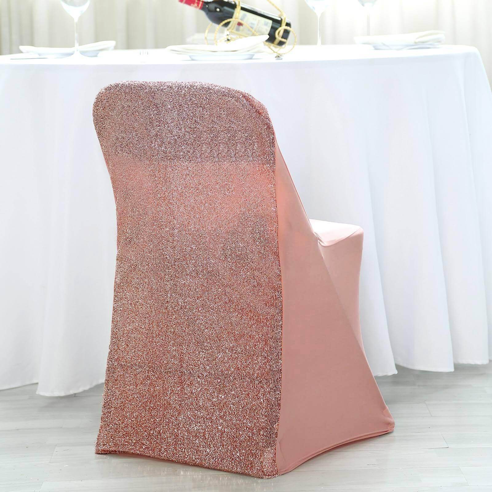 Stretch Spandex Folding Chair Cover Rose Gold with Metallic Shimmer Tinsel Back Design - Durable Fitted Slipcover with Foot Pockets