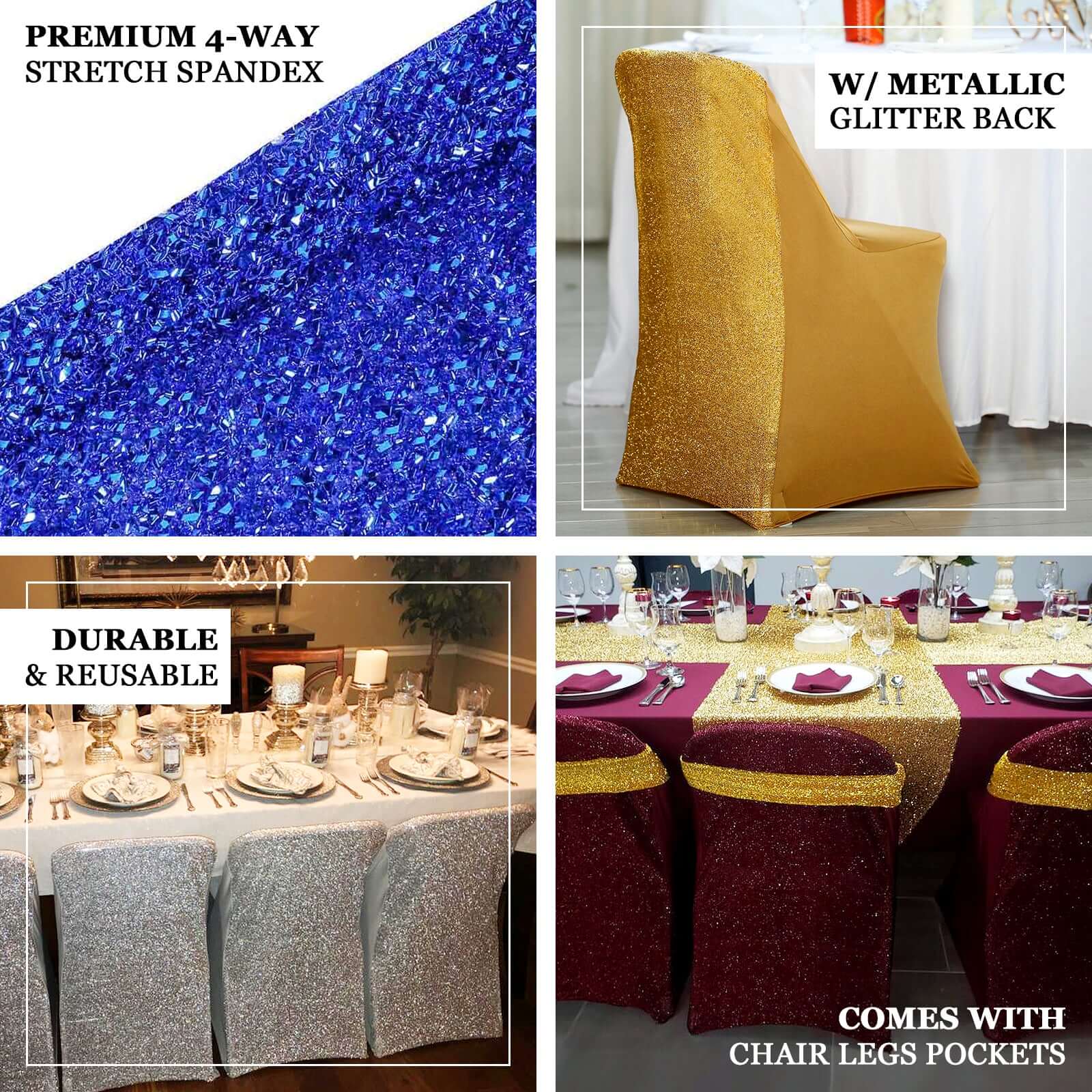 Stretch Spandex Folding Chair Cover Rose Gold with Metallic Shimmer Tinsel Back Design - Durable Fitted Slipcover with Foot Pockets - Image 4