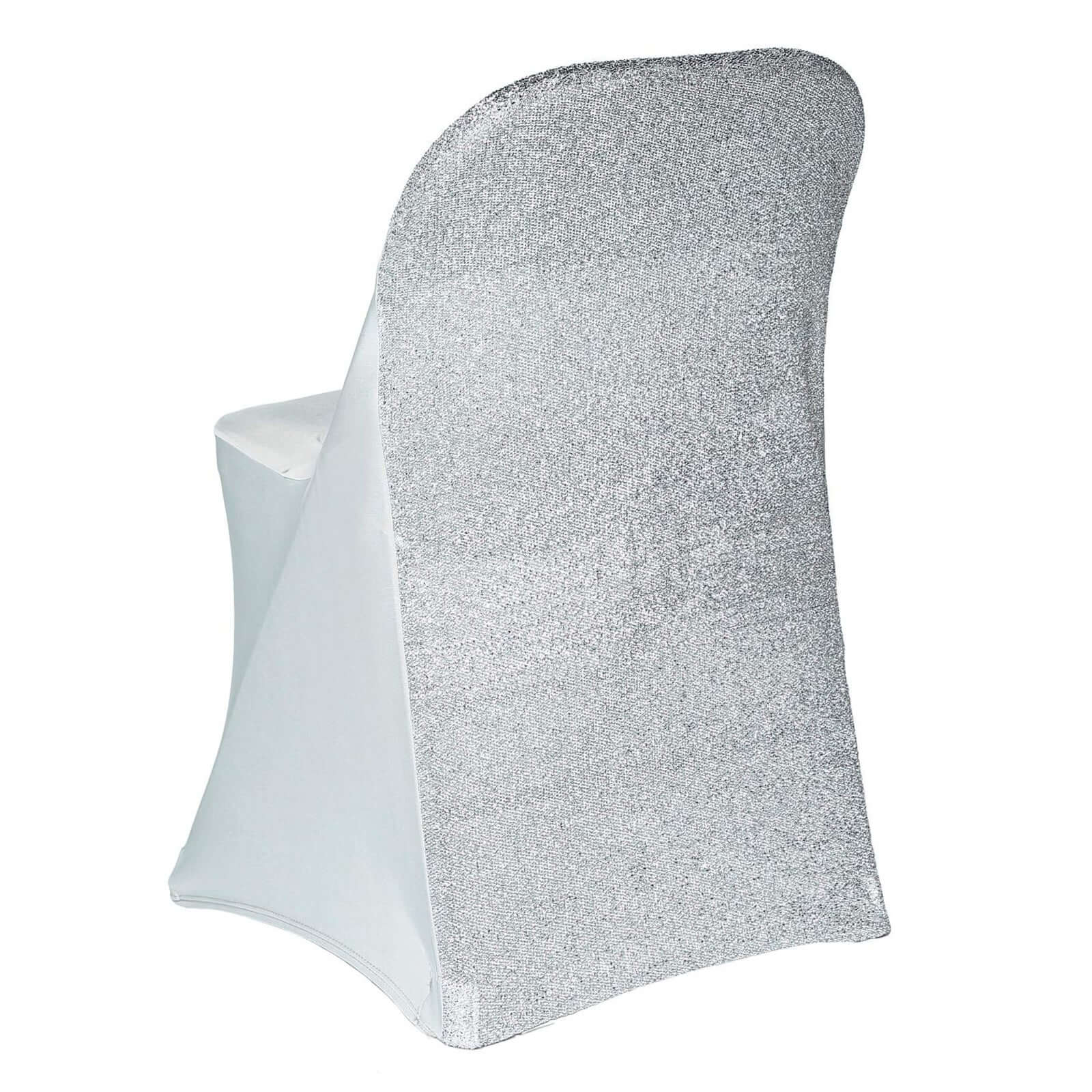 Stretch Spandex Folding Chair Cover Silver with Metallic Shimmer Tinsel Back Design - Durable Fitted Slipcover with Foot Pockets - Image 6