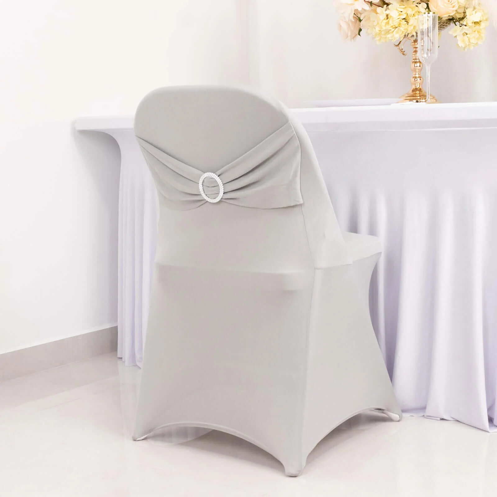 Stretch Spandex Folding Chair Cover Silver - Wrinkle Resistant Fitted Slipcover with Silver Rhinestone Buckled Sash Band Accent