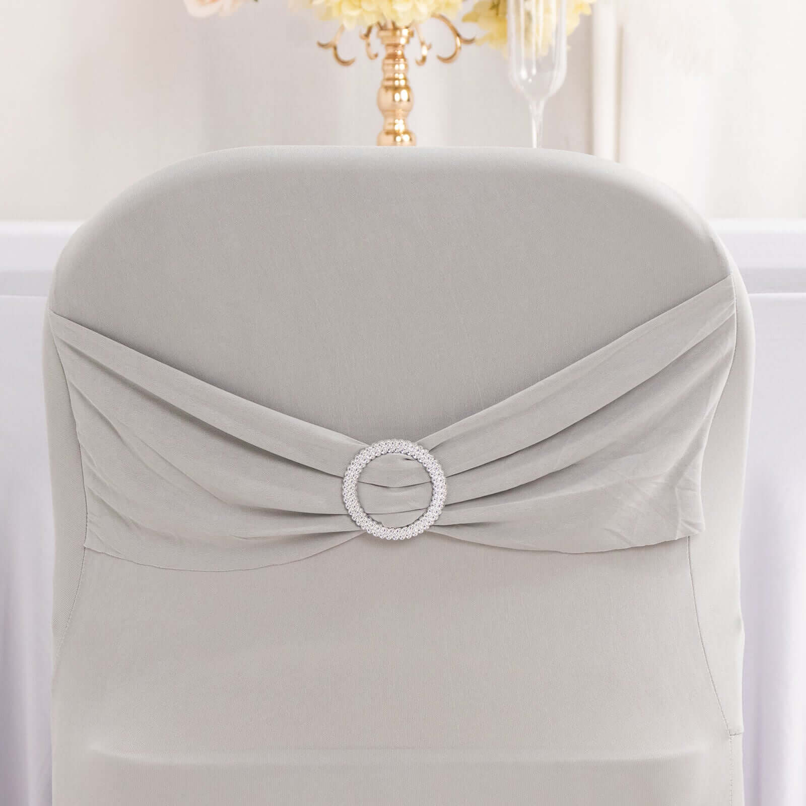Stretch Spandex Folding Chair Cover Silver - Wrinkle Resistant Fitted Slipcover with Silver Rhinestone Buckled Sash Band Accent - Image 2