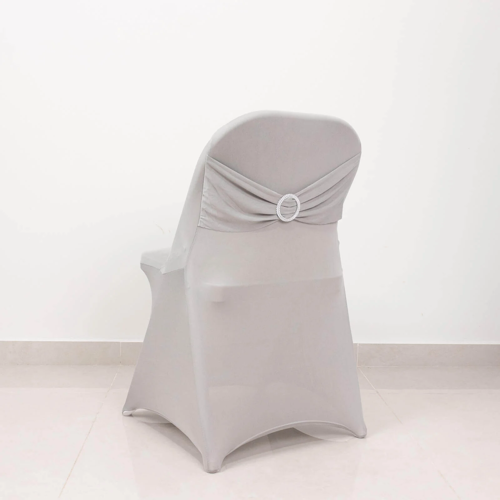 Stretch Spandex Folding Chair Cover Silver - Wrinkle Resistant Fitted Slipcover with Silver Rhinestone Buckled Sash Band Accent - Image 3