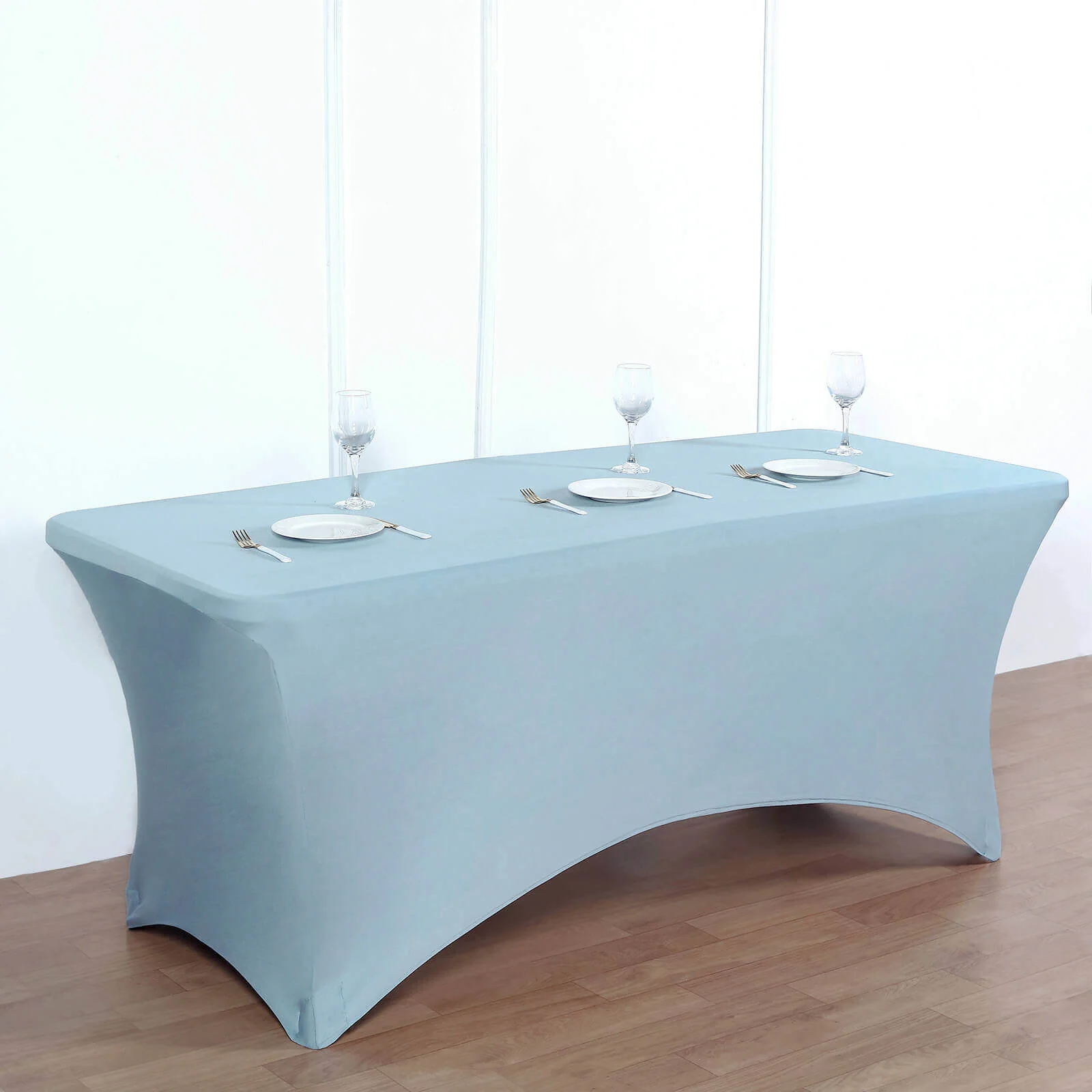 Stretch Spandex Rectangle Fitted Table Cover 96"x30" Dusty Blue - Wrinkle Free Form-Fitting Tablecloth - Image 2