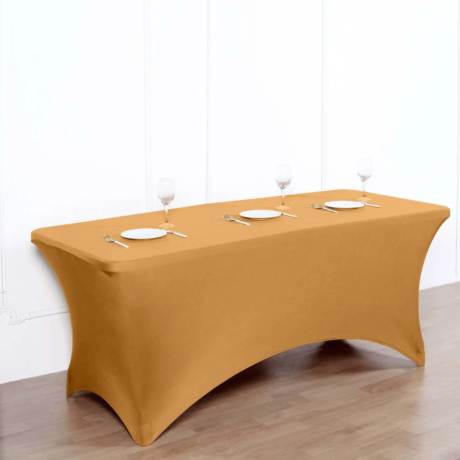 Stretch Spandex Rectangle Fitted Table Cover 96"x30" Gold - Easy to Maintain Form-Fitting Tablecloth for Weddings & Events - Image 2
