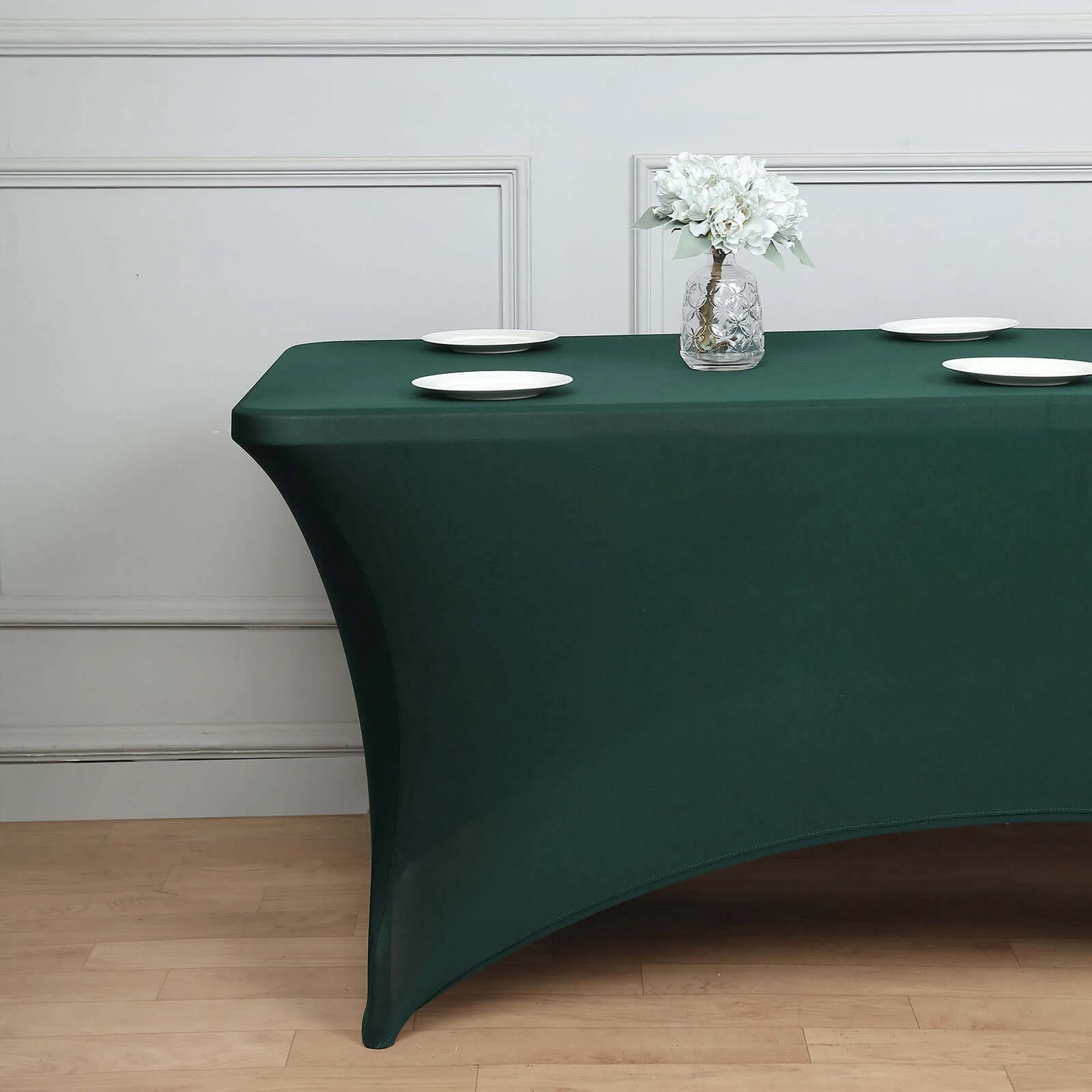 Stretch Spandex Rectangle Fitted Table Cover 96"x30" Hunter Emerald Green - Wrinkle Free Form-Fitting Tablecloth - Image 2