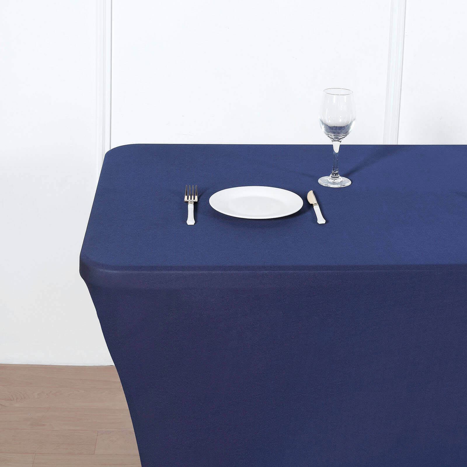 Stretch Spandex Rectangle Fitted Table Cover 96"x30" Navy Blue - Wrinkle Free Form-Fitting Tablecloth - Image 6
