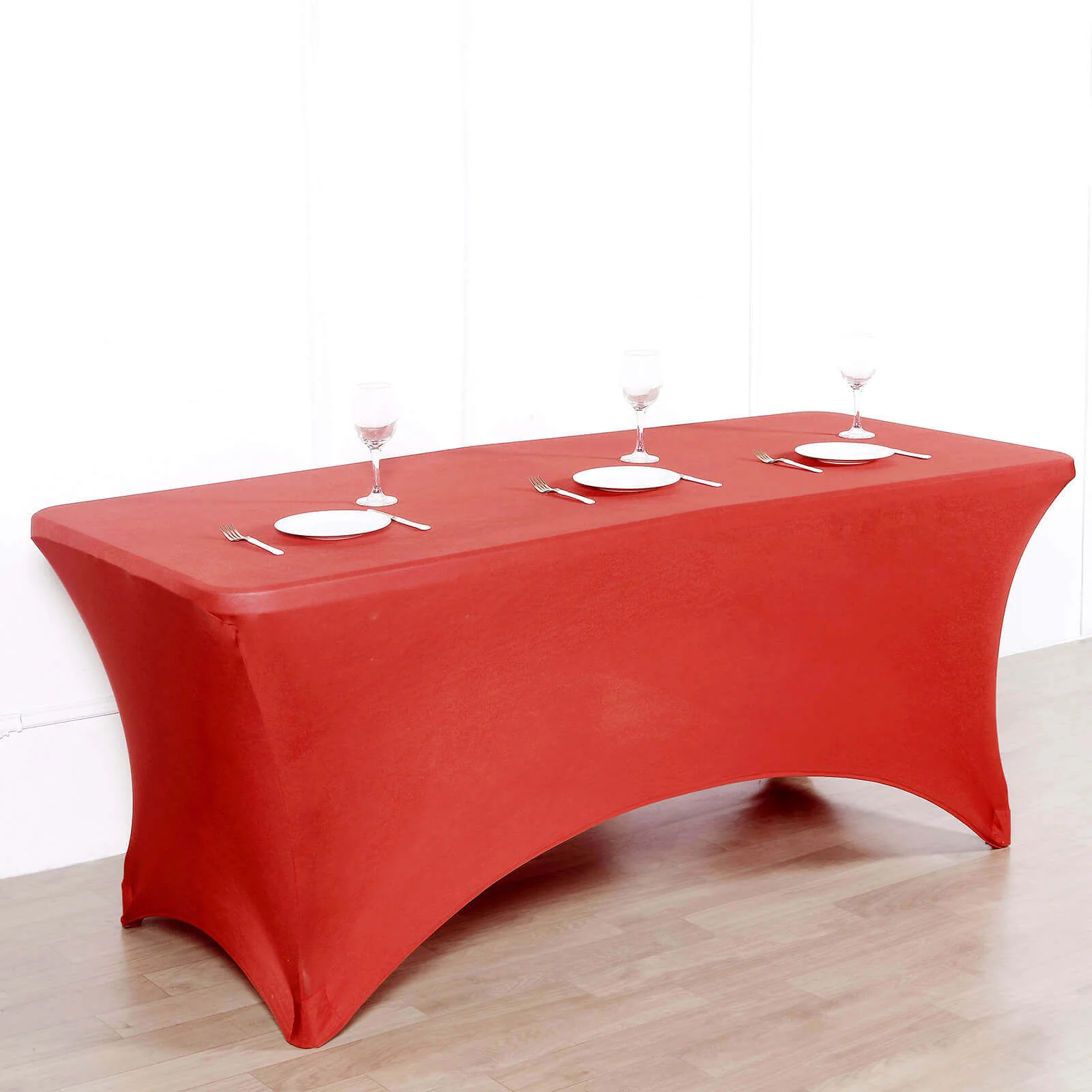 Stretch Spandex Rectangle Fitted Table Cover 96"x30" Red - Wrinkle Free Form-Fitting Tablecloth - Image 2