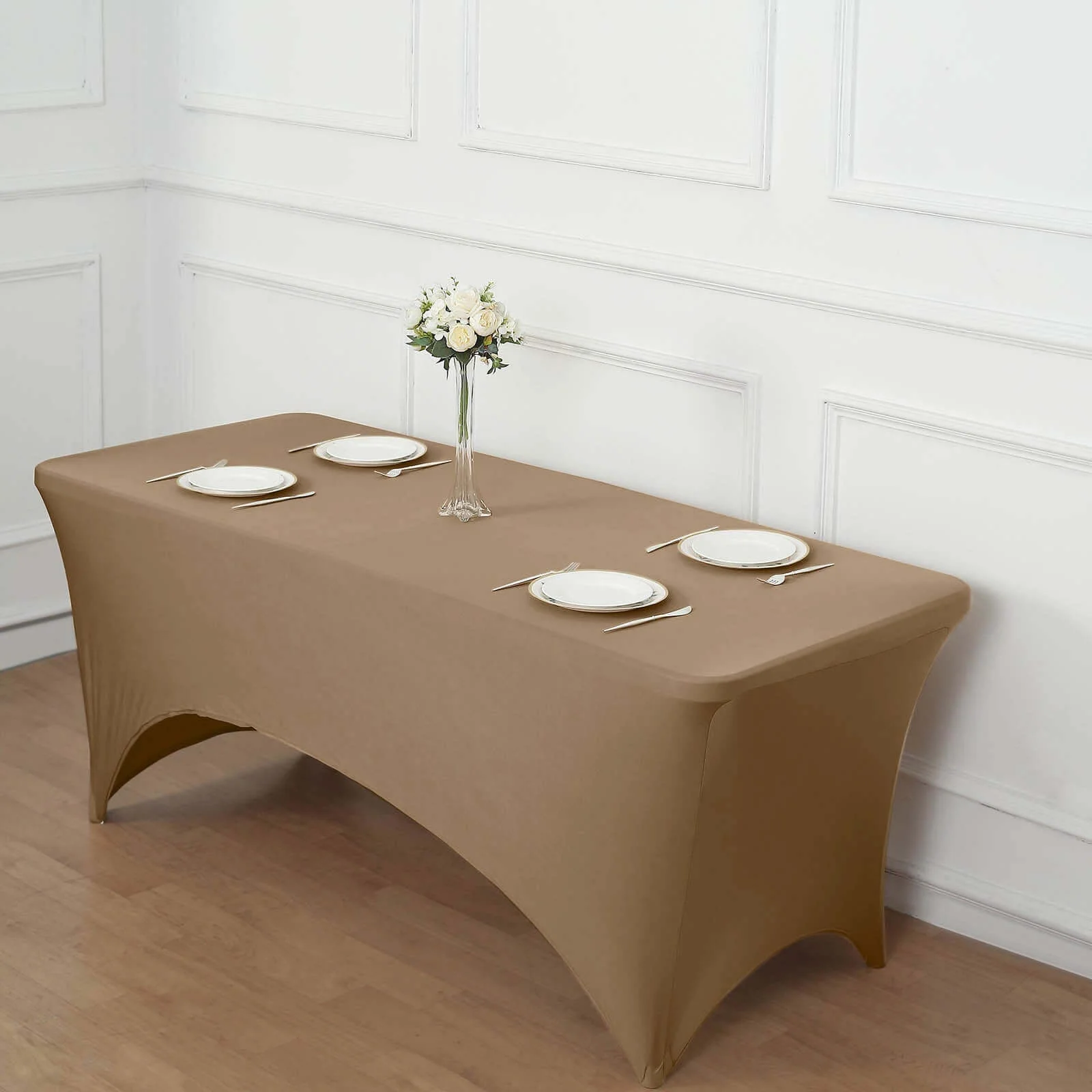 Stretch Spandex Rectangle Fitted Table Cover 96"x30" Taupe - Wrinkle Free Form-Fitting Tablecloth - Image 3