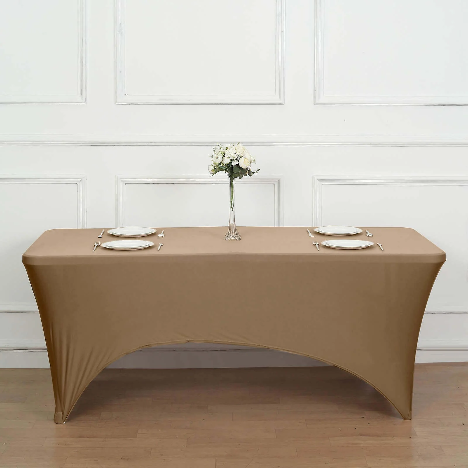 Stretch Spandex Rectangle Fitted Table Cover 96"x30" Taupe - Wrinkle Free Form-Fitting Tablecloth - Image 6