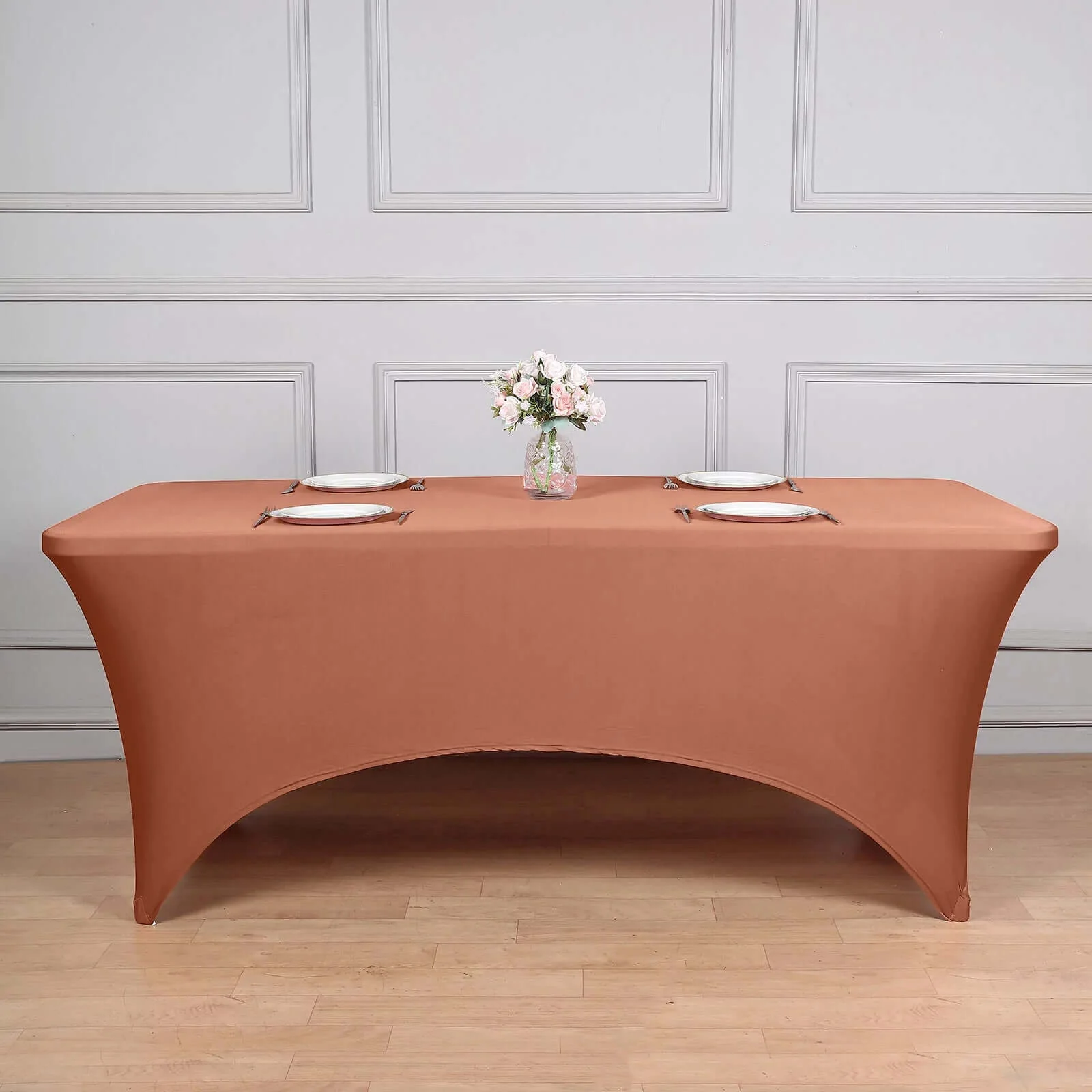 Stretch Spandex Rectangle Fitted Table Cover 96"x30" Terracotta (Rust) - Wrinkle Free Form-Fitting Tablecloth - Image 5