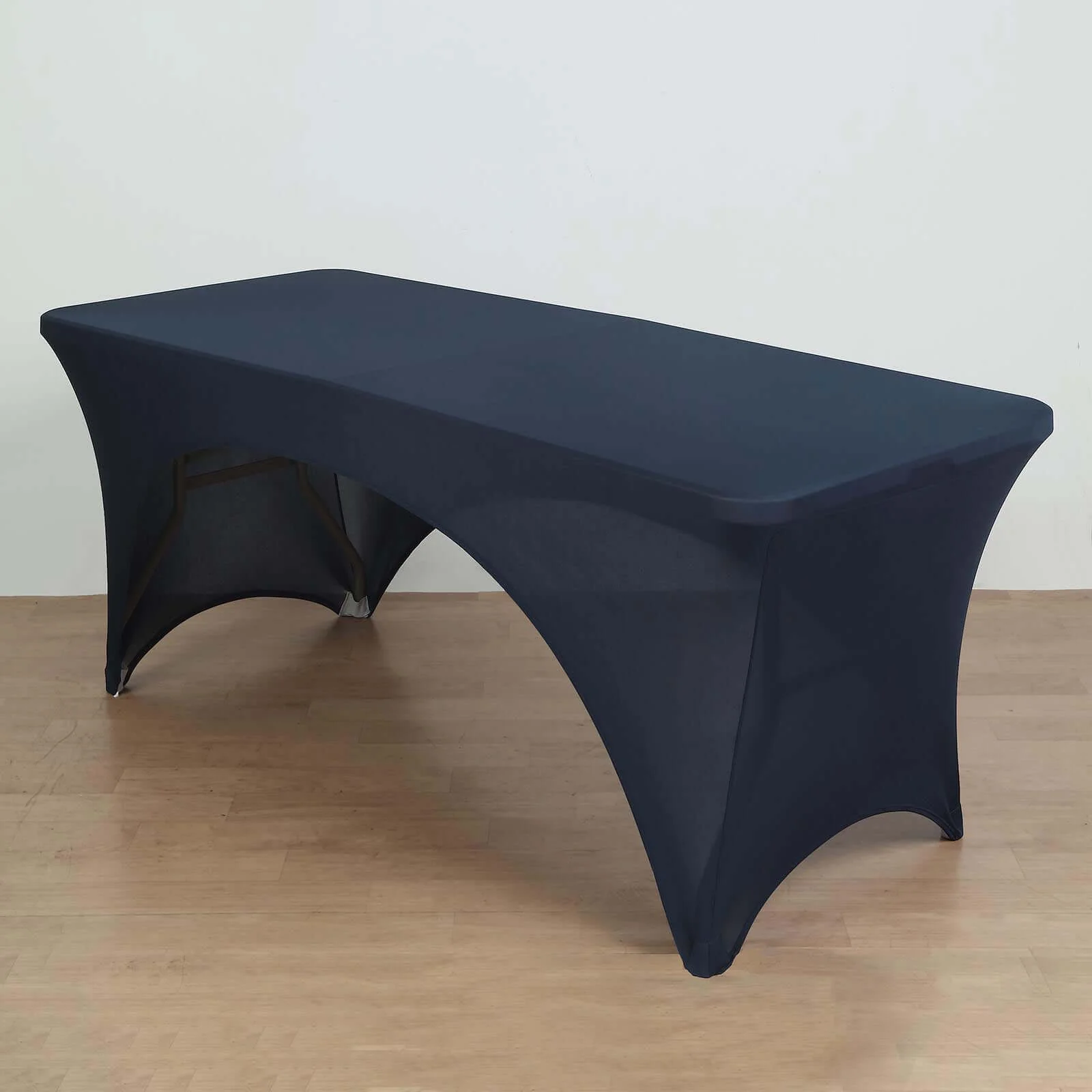 Stretch Spandex Rectangle Table Cover 96"x30" Navy Blue - Curved Open Back Fitted Tablecloth - Image 2