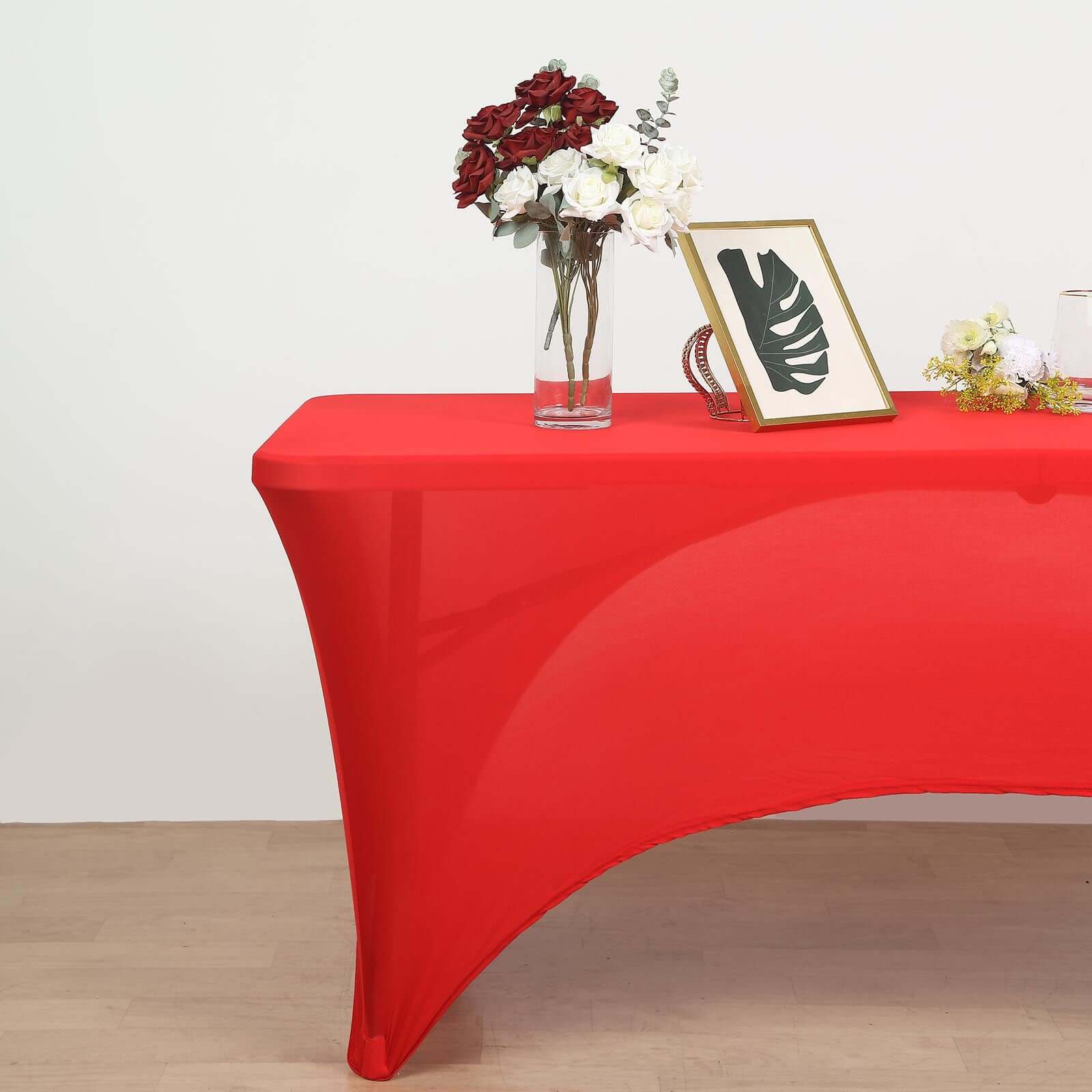Stretch Spandex Rectangle Table Cover 96"x30" Red - Curved Open Back Fitted Tablecloth - Image 3