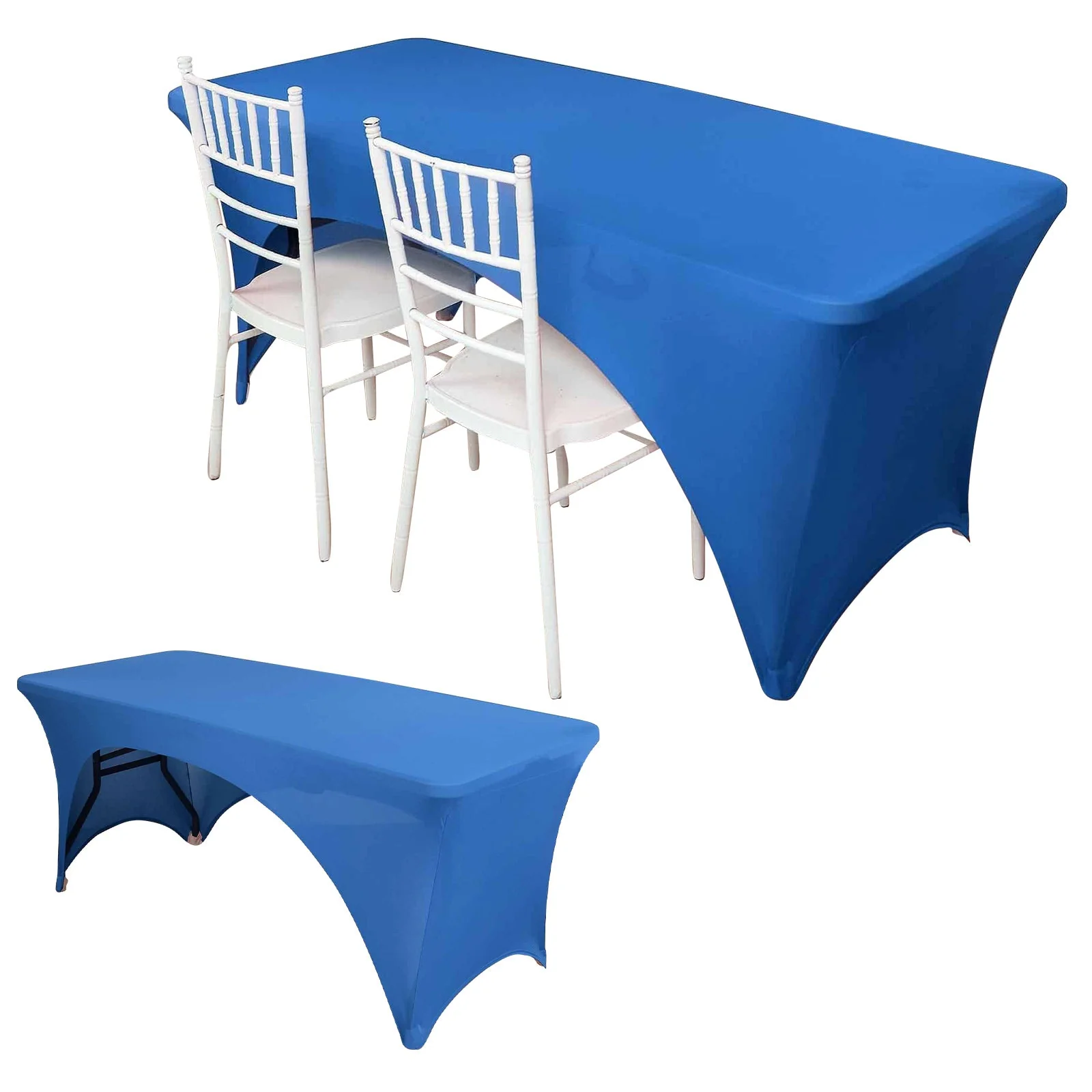 Stretch Spandex Rectangle Table Cover 96"x30" Royal Blue - Curved Open Back Fitted Tablecloth - Image 6