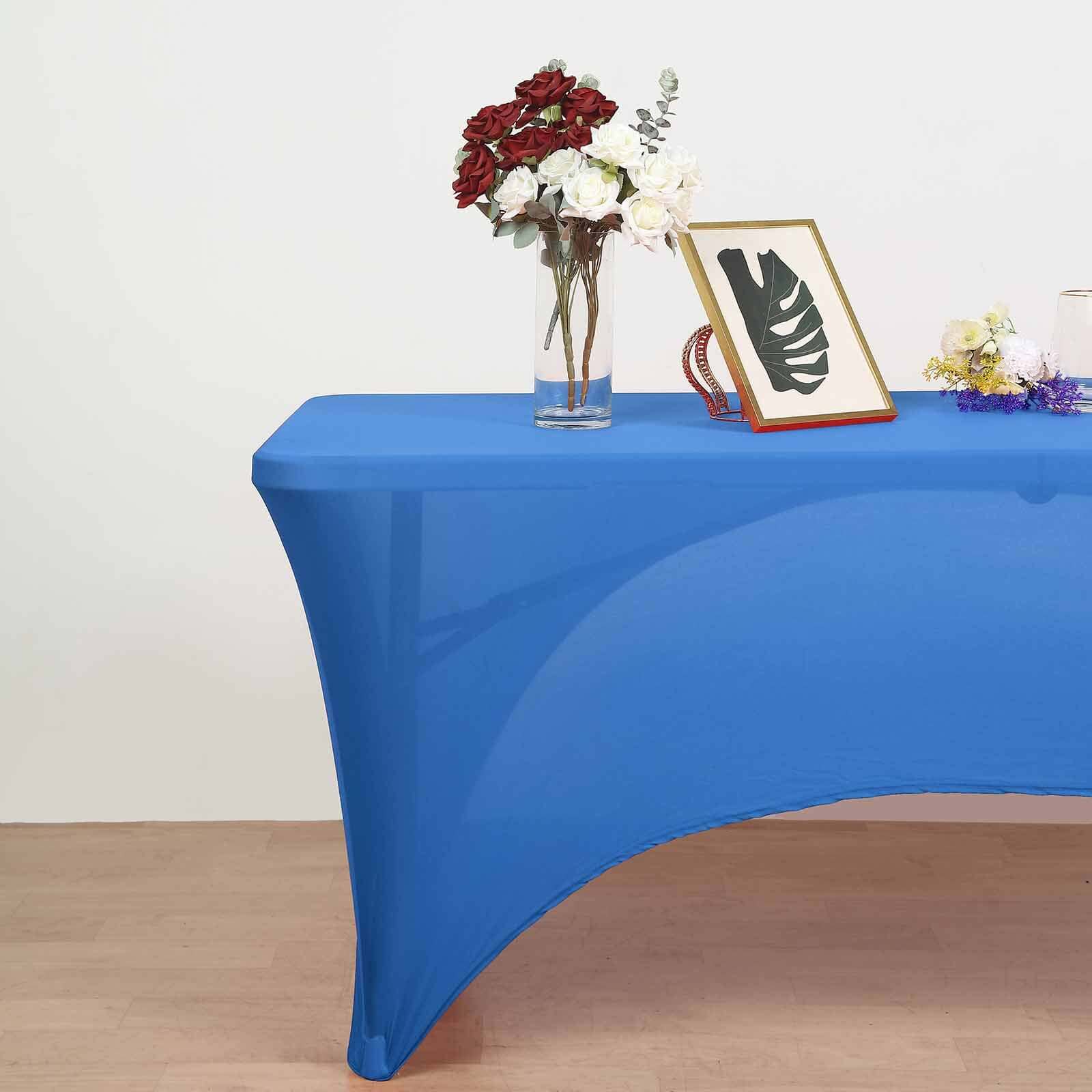 Stretch Spandex Rectangle Table Cover 96"x30" Royal Blue - Curved Open Back Fitted Tablecloth - Image 7