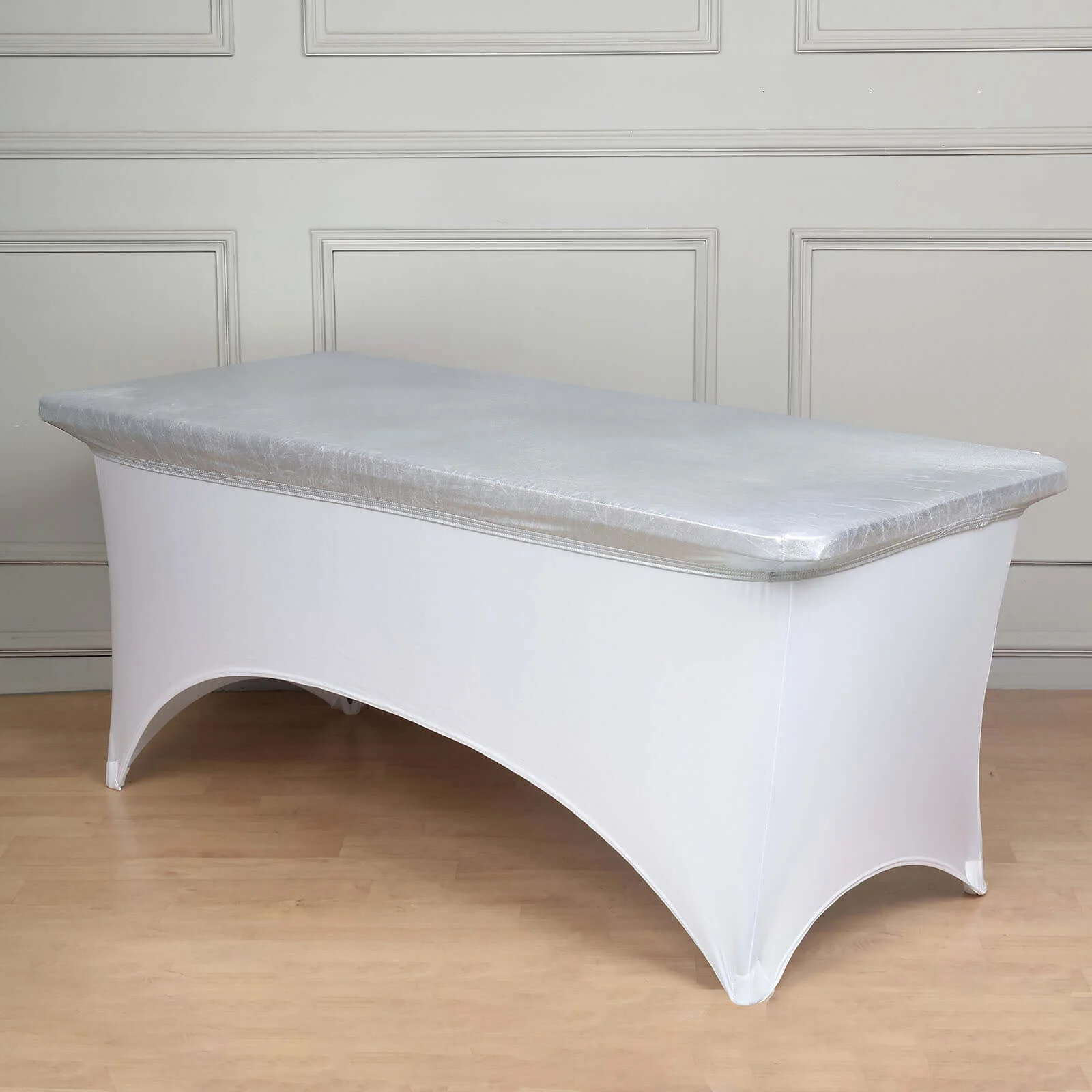 Stretch Spandex Rectangle Table Top Cover 72"x30" Metallic Silver - Sleek & Shimmering Fitted Table Topper Cap