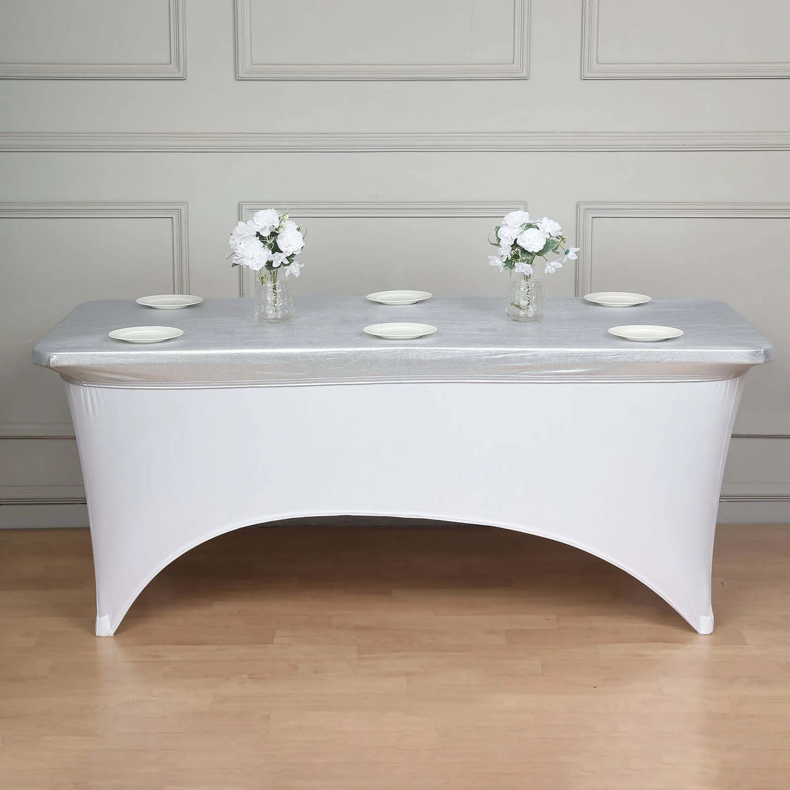 Stretch Spandex Rectangle Table Top Cover 72"x30" Metallic Silver - Sleek & Shimmering Fitted Table Topper Cap - Image 3