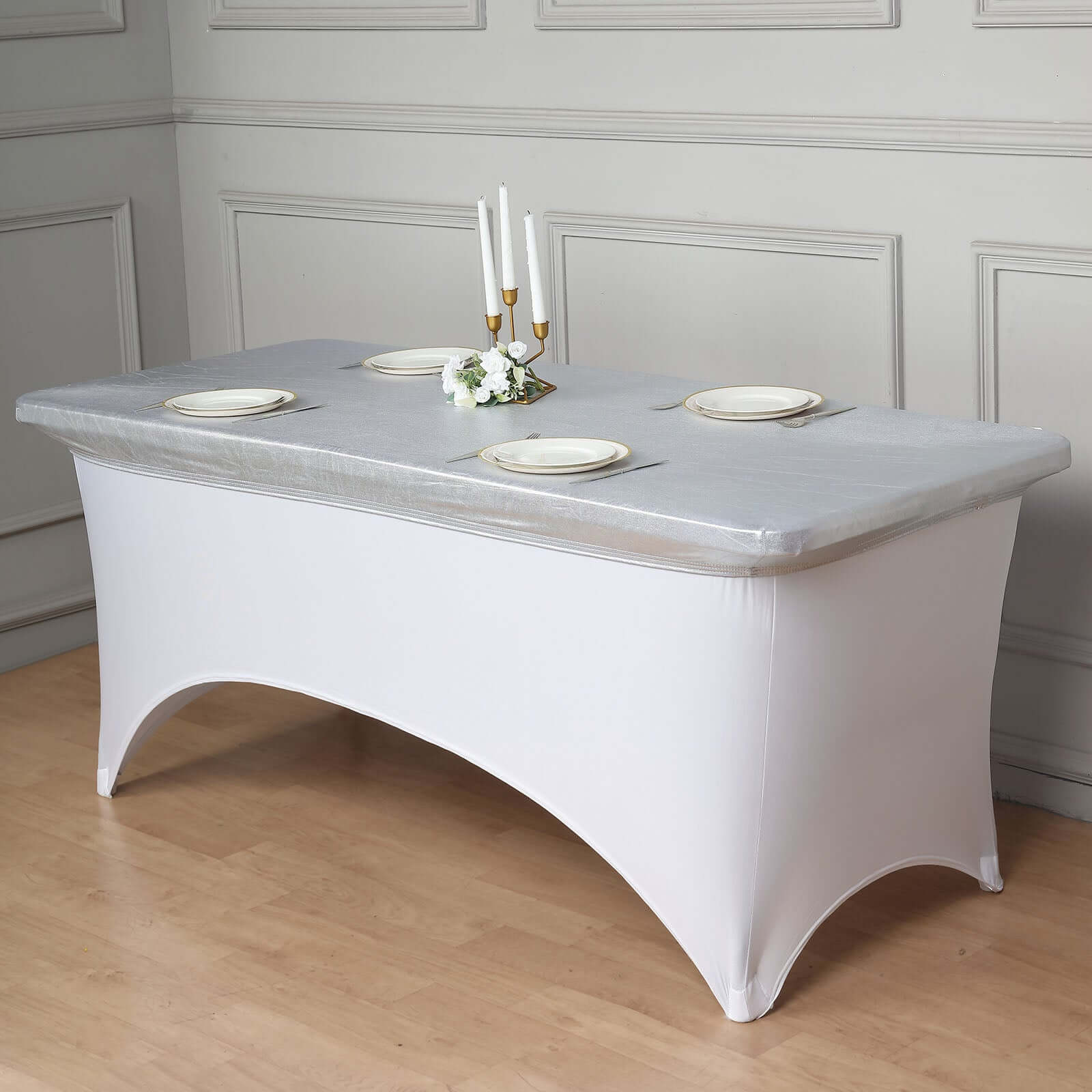 Stretch Spandex Rectangle Table Top Cover 72"x30" Metallic Silver - Sleek & Shimmering Fitted Table Topper Cap - Image 4