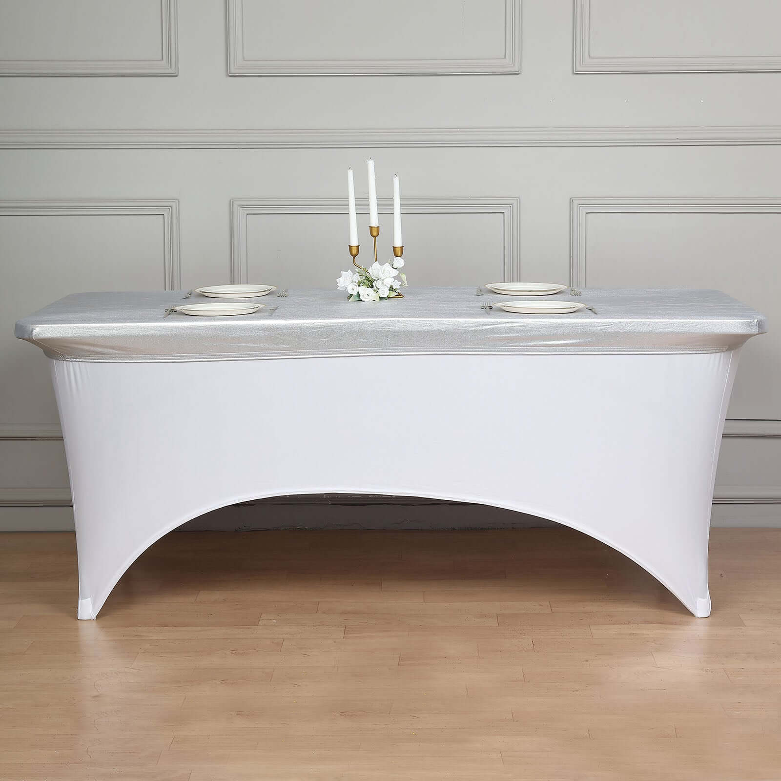 Stretch Spandex Rectangle Table Top Cover 72"x30" Metallic Silver - Sleek & Shimmering Fitted Table Topper Cap - Image 7