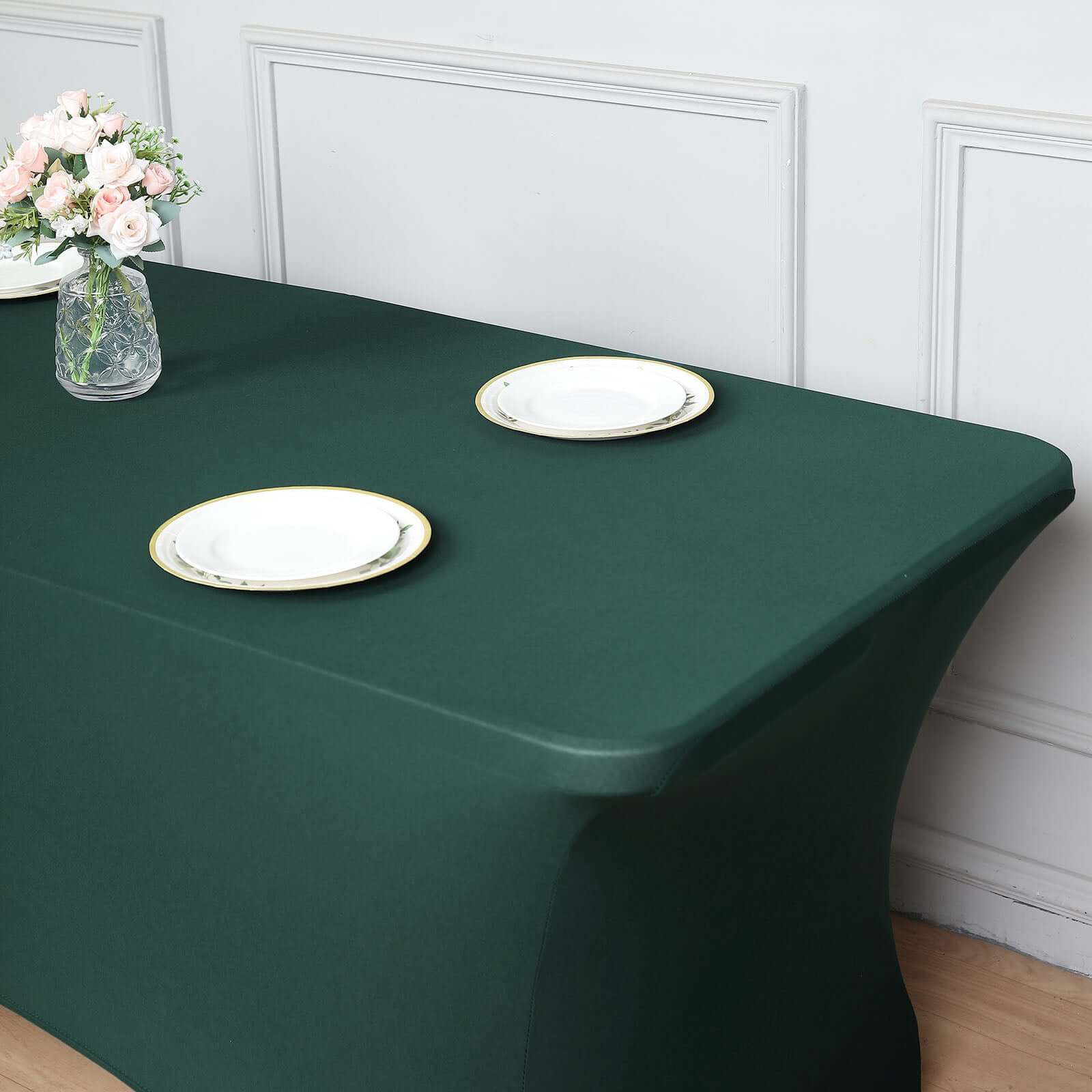 Stretch Spandex Rectangle Tablecloth 6ft Hunter Emerald Green - Wrinkle Free Fitted Table Cover - Image 2