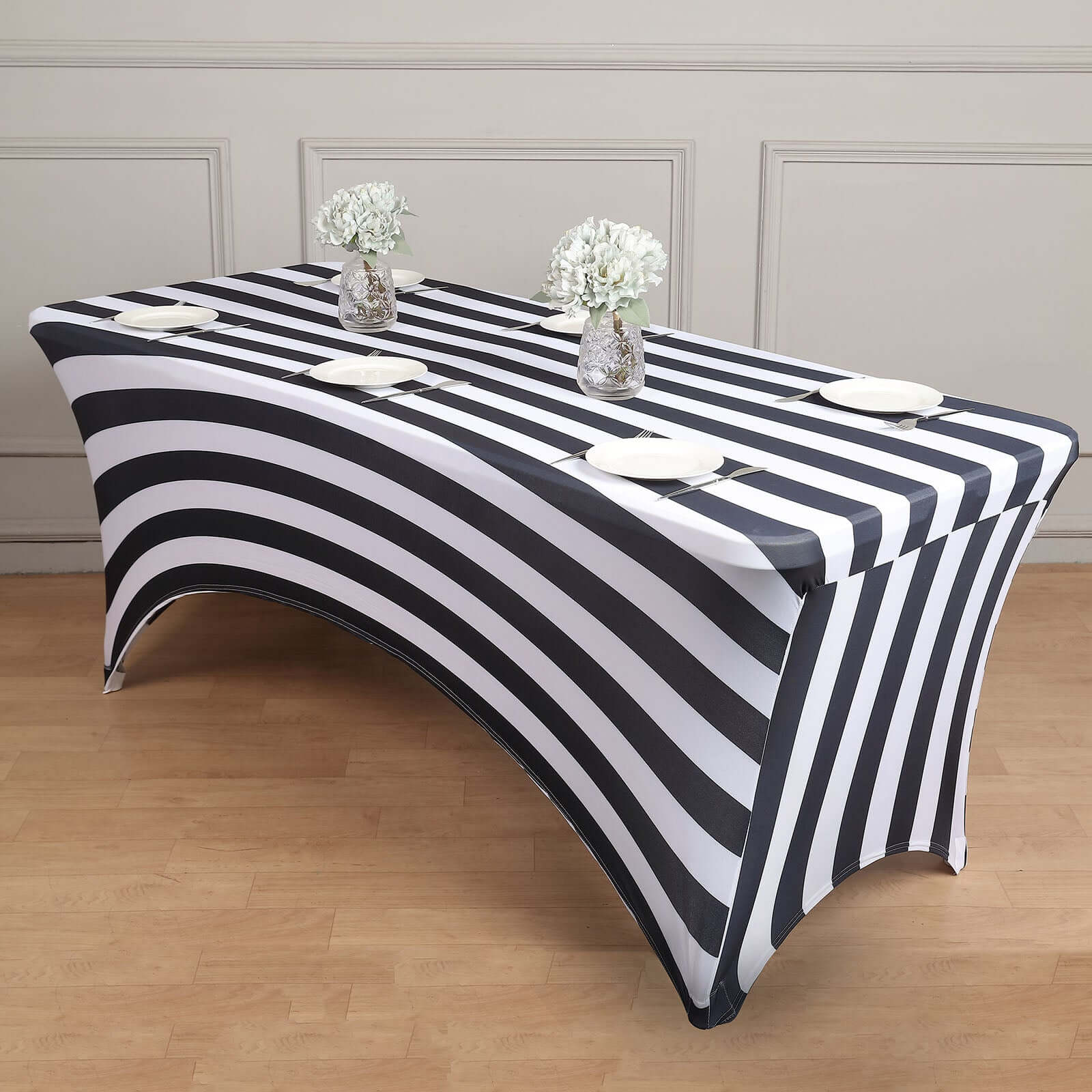 Stretch Spandex Rectangle Tablecloth 72"x30" Black/White Vertical Stripes - Easy to Maintain Form-Fitting Table Cover for Weddings & Events - Image 3