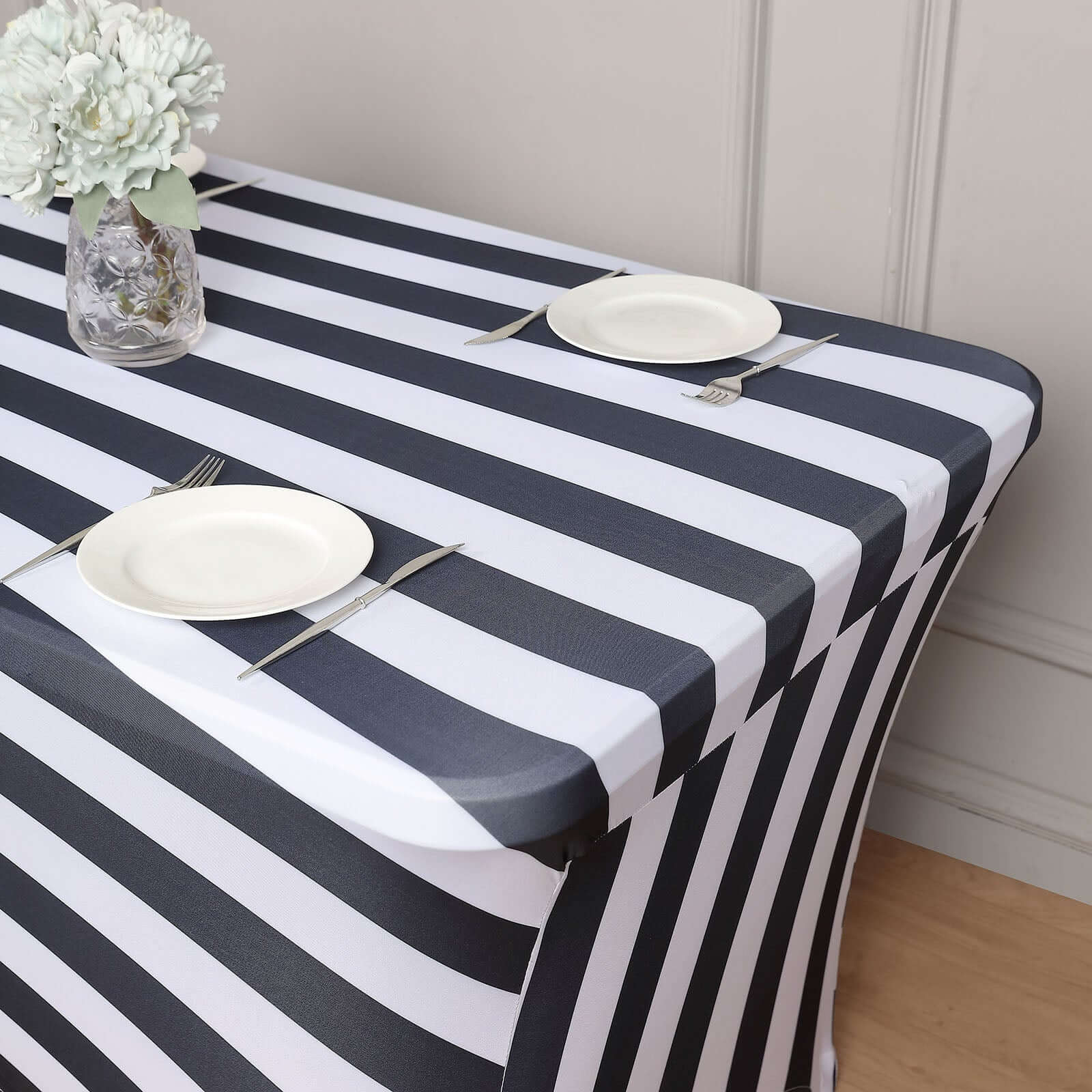 Stretch Spandex Rectangle Tablecloth 72"x30" Black/White Vertical Stripes - Easy to Maintain Form-Fitting Table Cover for Weddings & Events - Image 4