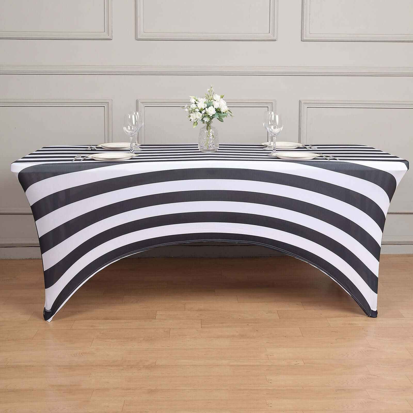 Stretch Spandex Rectangle Tablecloth 72"x30" Black/White Vertical Stripes - Easy to Maintain Form-Fitting Table Cover for Weddings & Events - Image 5