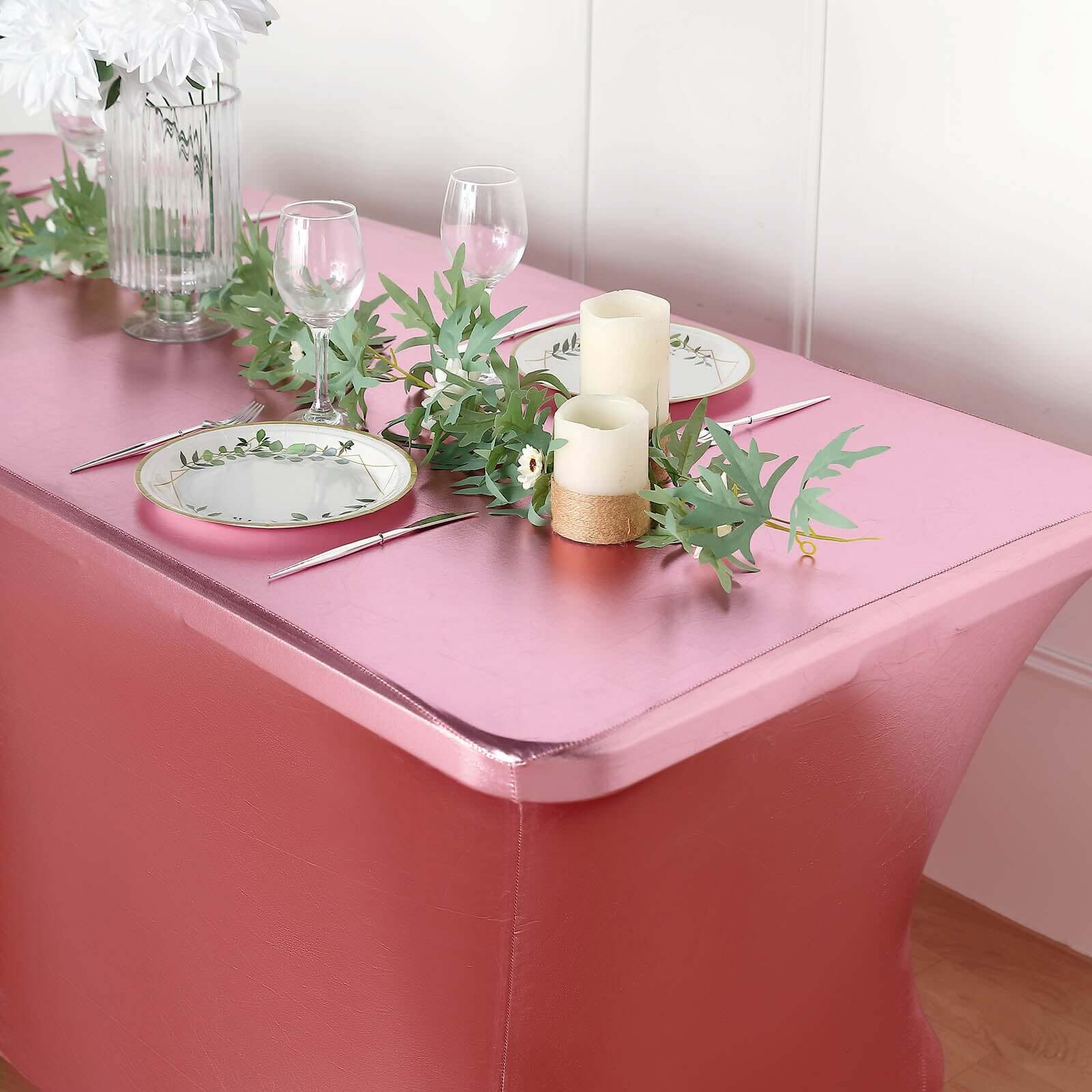 Stretch Spandex Rectangle Tablecloth 72"x30" Metallic Rose Gold - Dazzling Form-Fitting Table Cover - Image 10