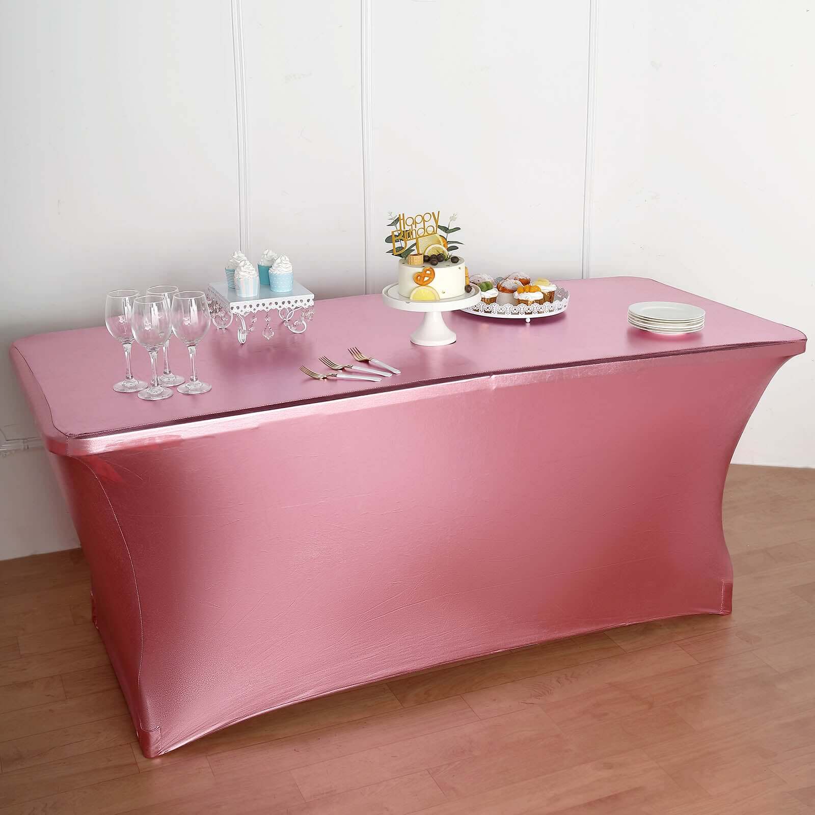 Stretch Spandex Rectangle Tablecloth 72"x30" Metallic Rose Gold - Dazzling Form-Fitting Table Cover - Image 11
