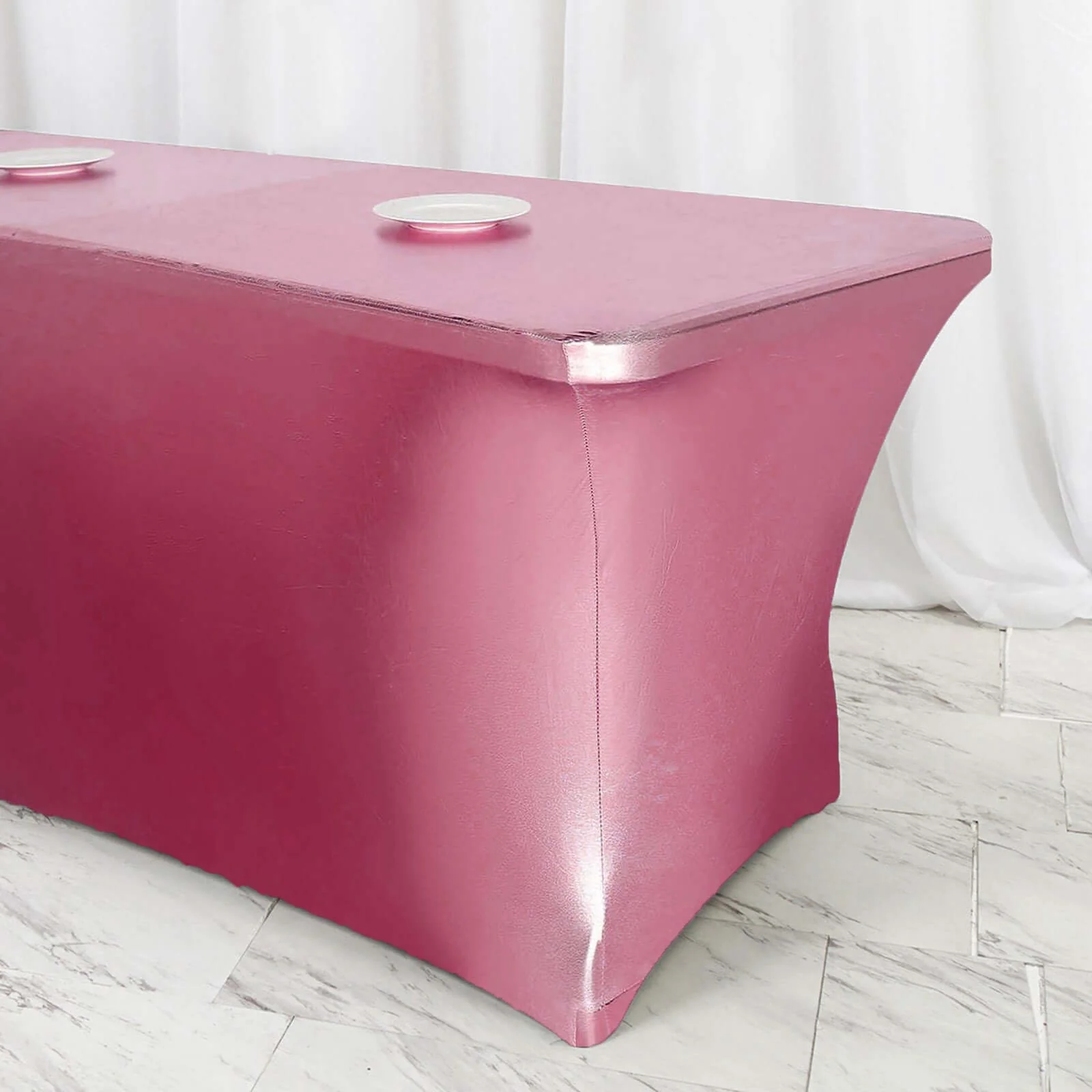 Stretch Spandex Rectangle Tablecloth 72"x30" Metallic Rose Gold - Dazzling Form-Fitting Table Cover - Image 12