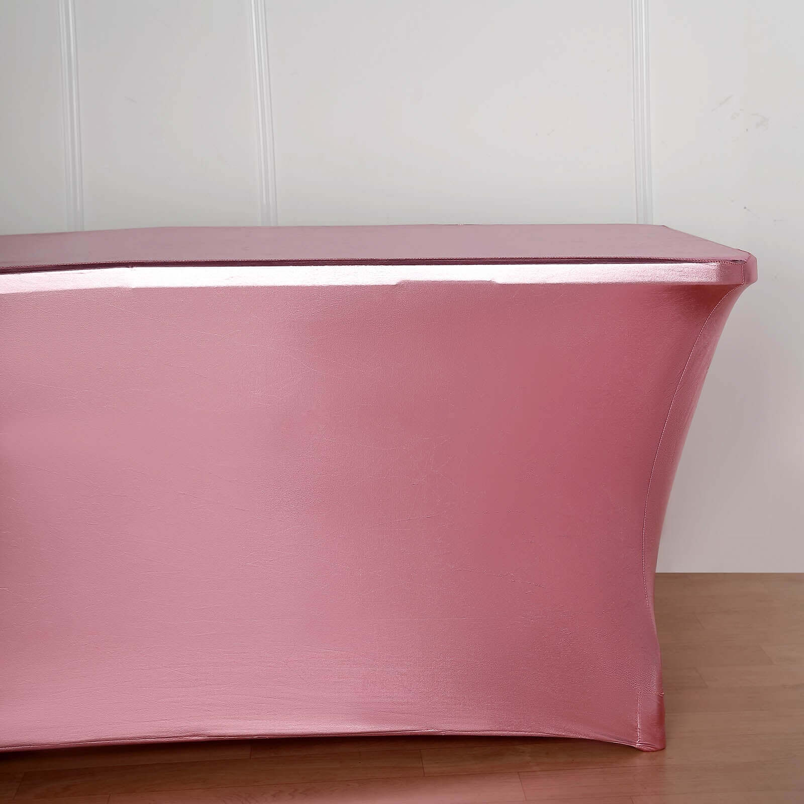 Stretch Spandex Rectangle Tablecloth 72"x30" Metallic Rose Gold - Dazzling Form-Fitting Table Cover - Image 2