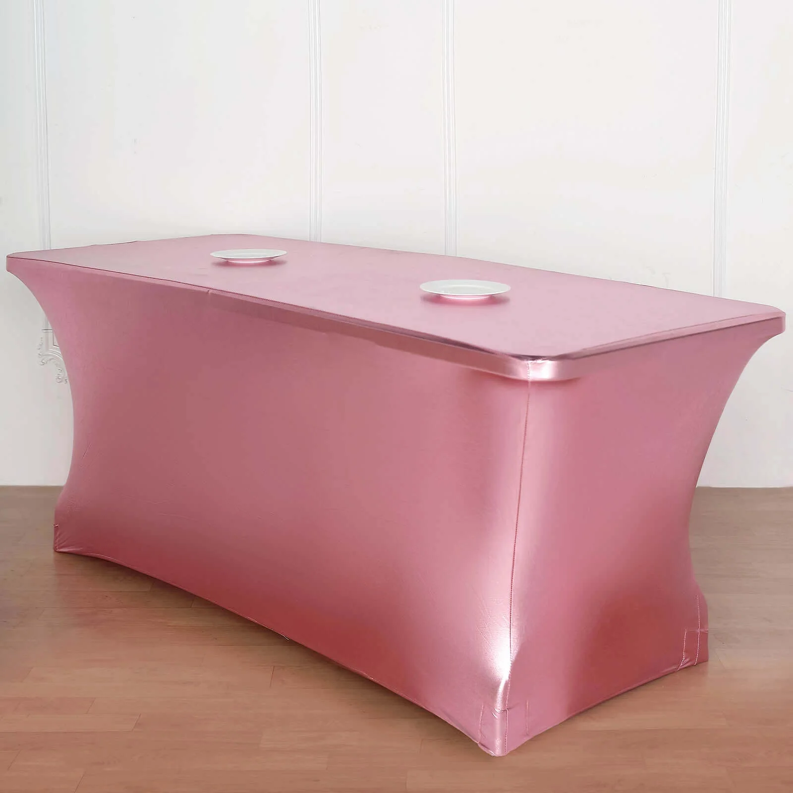 Stretch Spandex Rectangle Tablecloth 72"x30" Metallic Rose Gold - Dazzling Form-Fitting Table Cover - Image 3