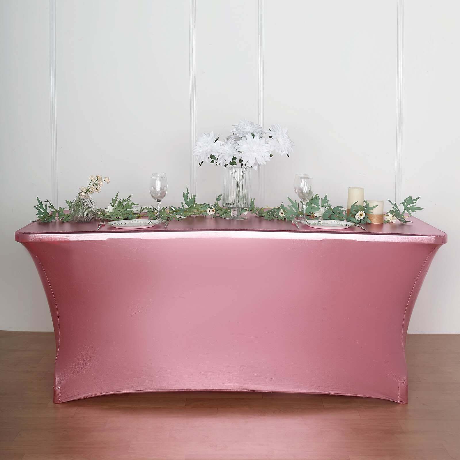 Stretch Spandex Rectangle Tablecloth 72"x30" Metallic Rose Gold - Dazzling Form-Fitting Table Cover - Image 8