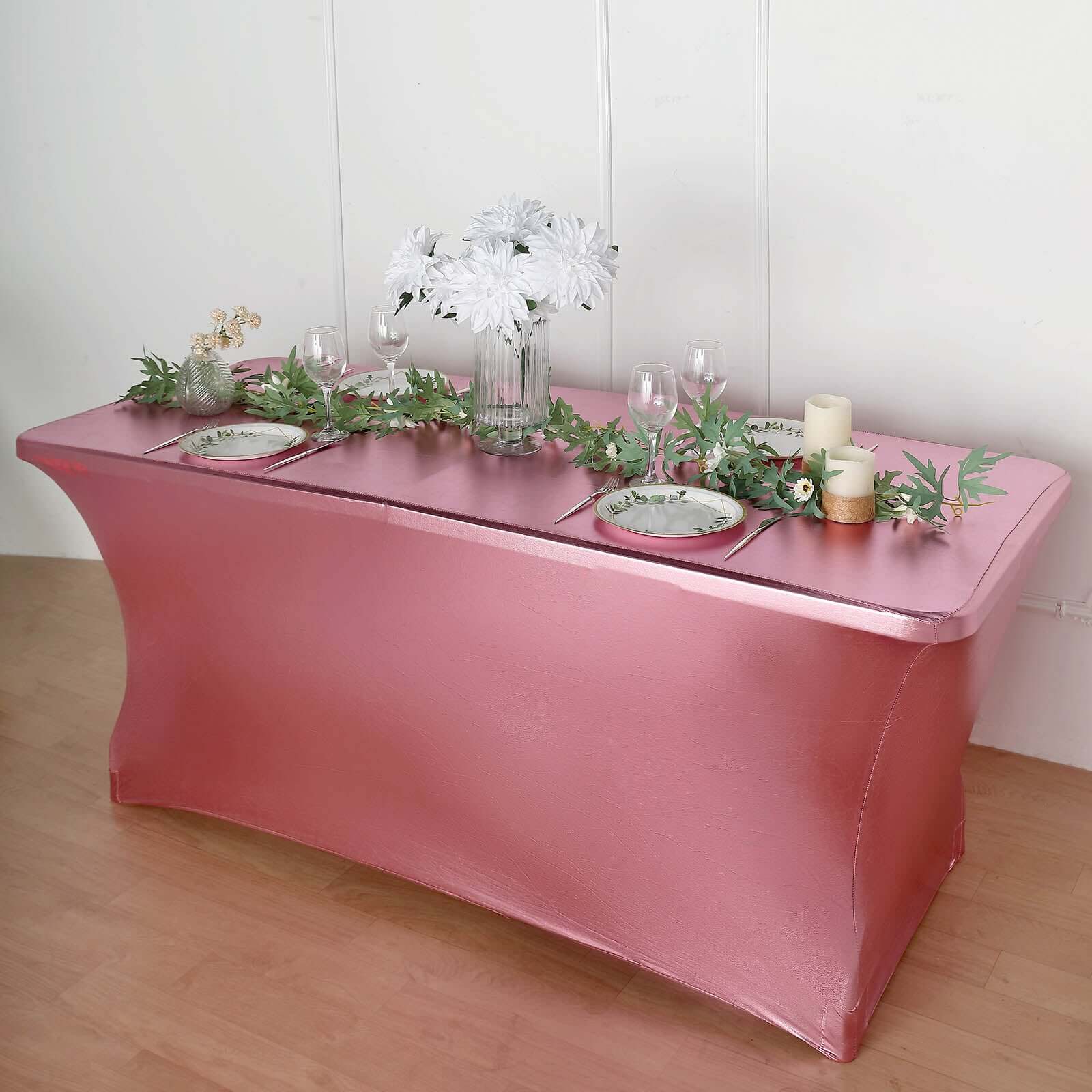 Stretch Spandex Rectangle Tablecloth 72"x30" Metallic Rose Gold - Dazzling Form-Fitting Table Cover - Image 9